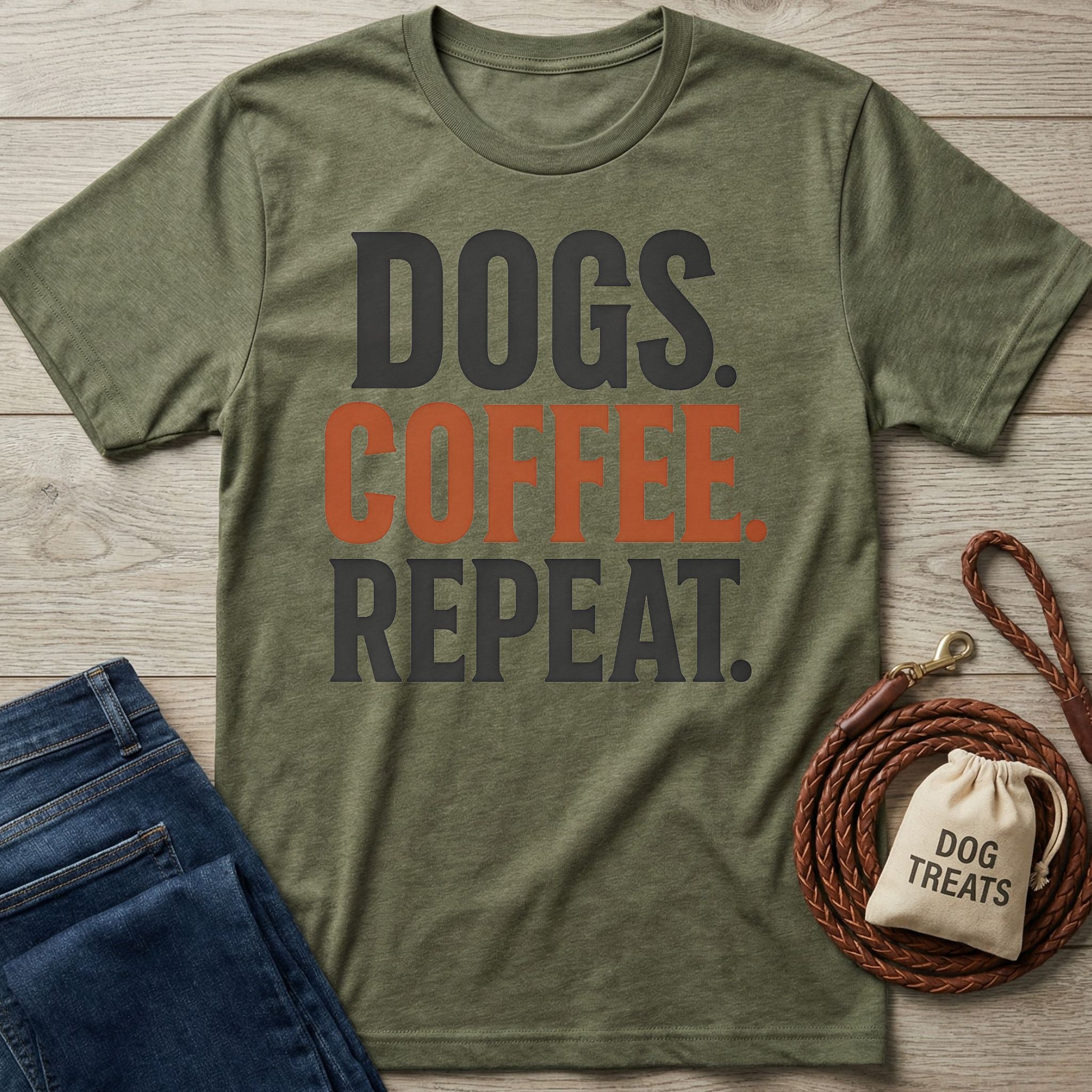 Olive green crewneck t-shirt featuring the text Dogs, Coffee, Repeat in black and orange, laid out with jeans and a dog leash.