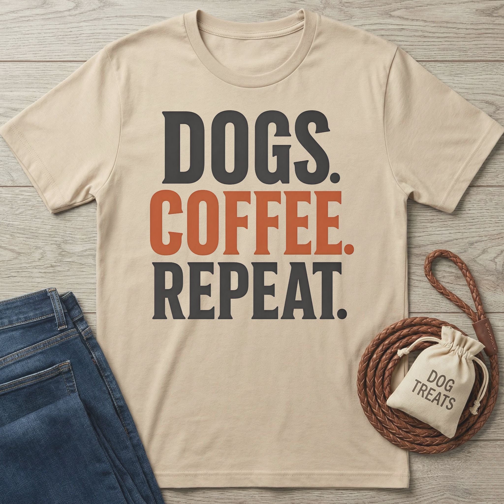Beige crewneck t-shirt with Dogs, Coffee, Repeat text in black and orange, displayed on a wooden surface with denim.