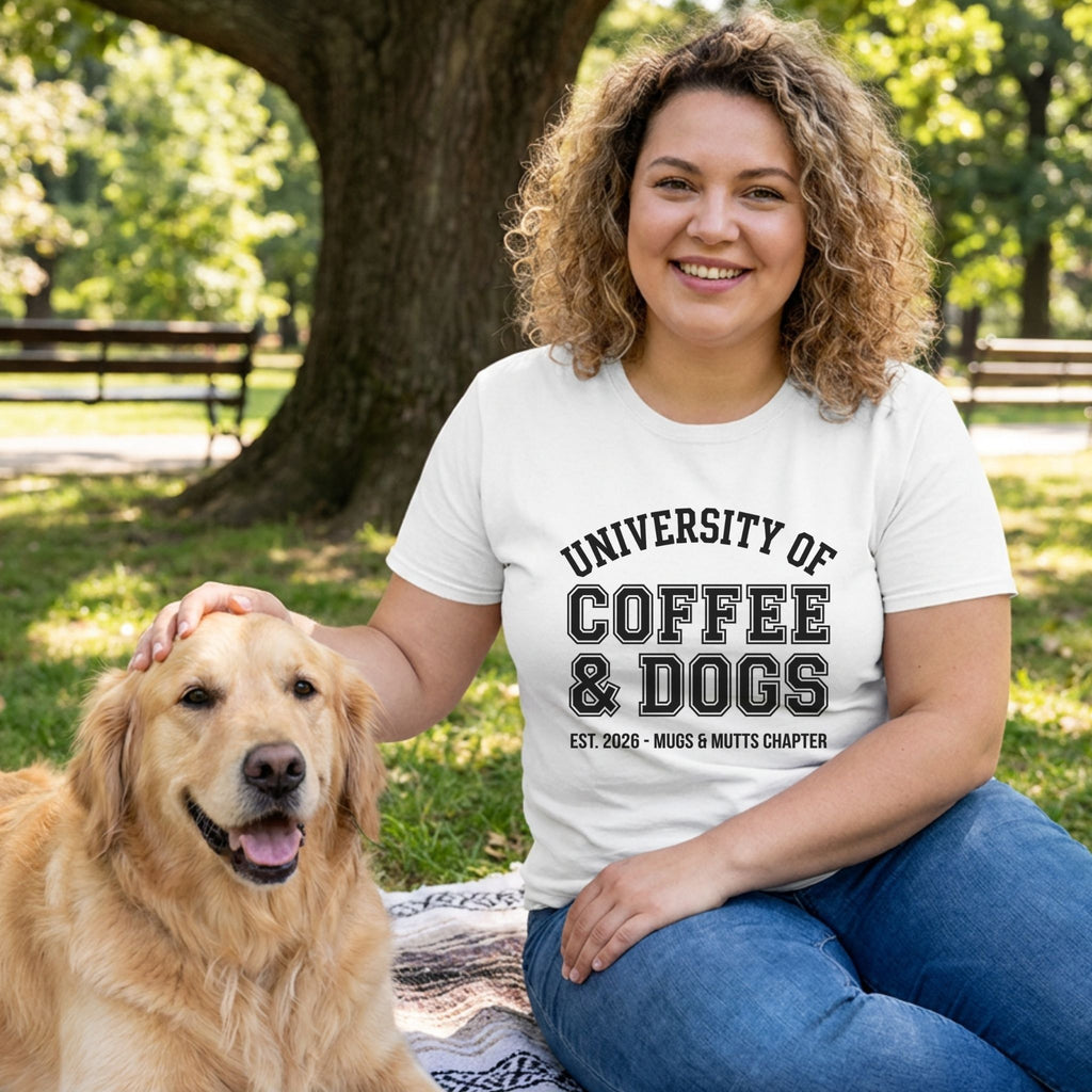 Woman in a white "University of Coffee & Dogs" t-shirt petting a golden retriever on a blanket in a park.