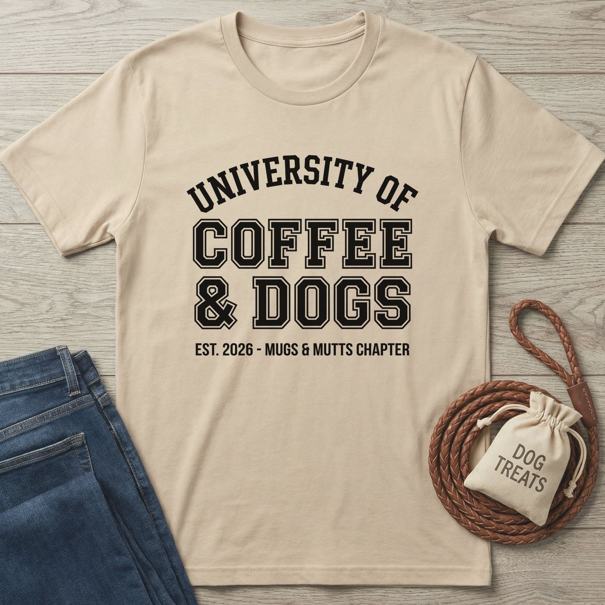 Tan Gildan Softstyle® t-shirt with "University of Coffee & Dogs" graphic, next to jeans and dog treats.