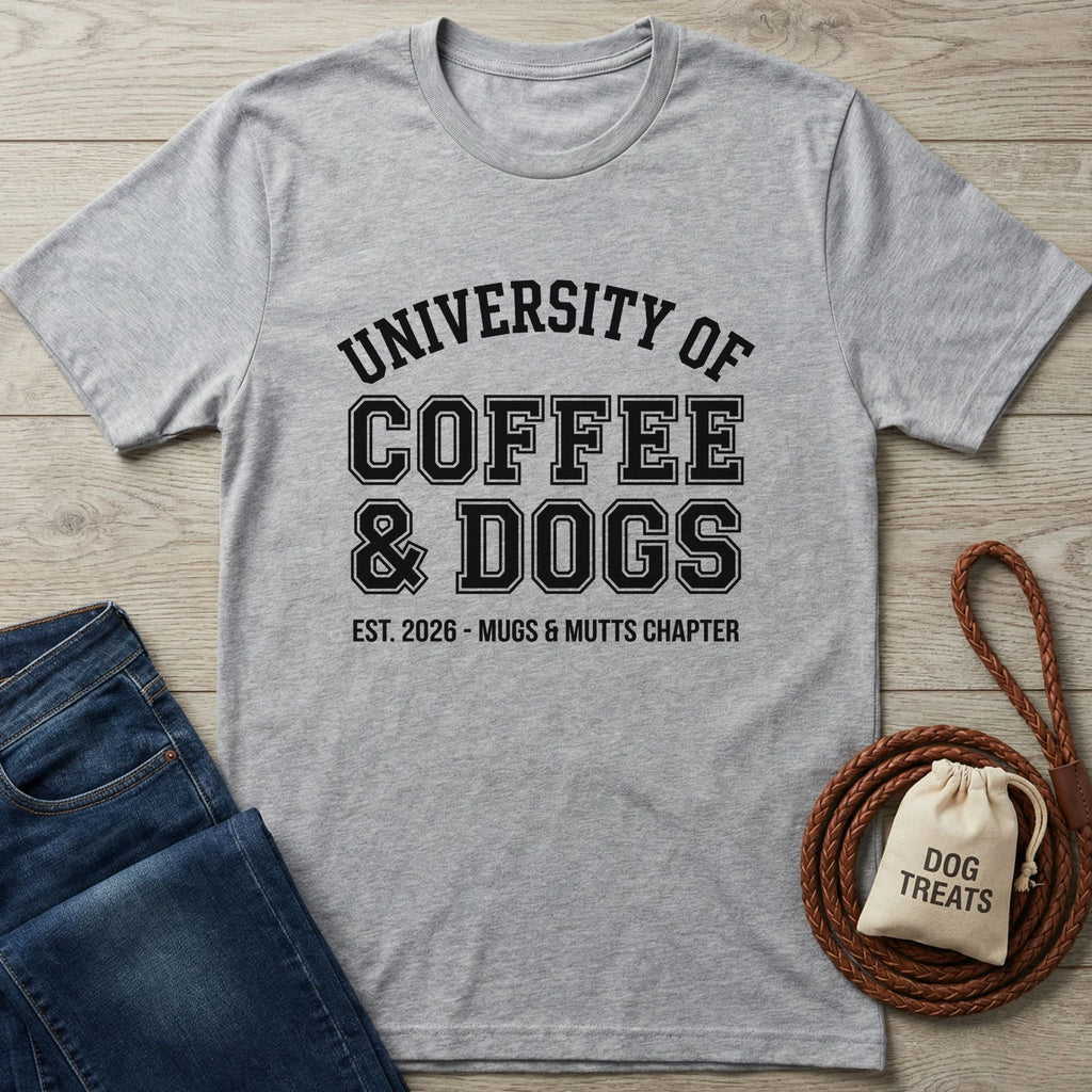 Light grey Gildan Softstyle t-shirt with "University of Coffee & Dogs" graphic, next to jeans and dog treats.