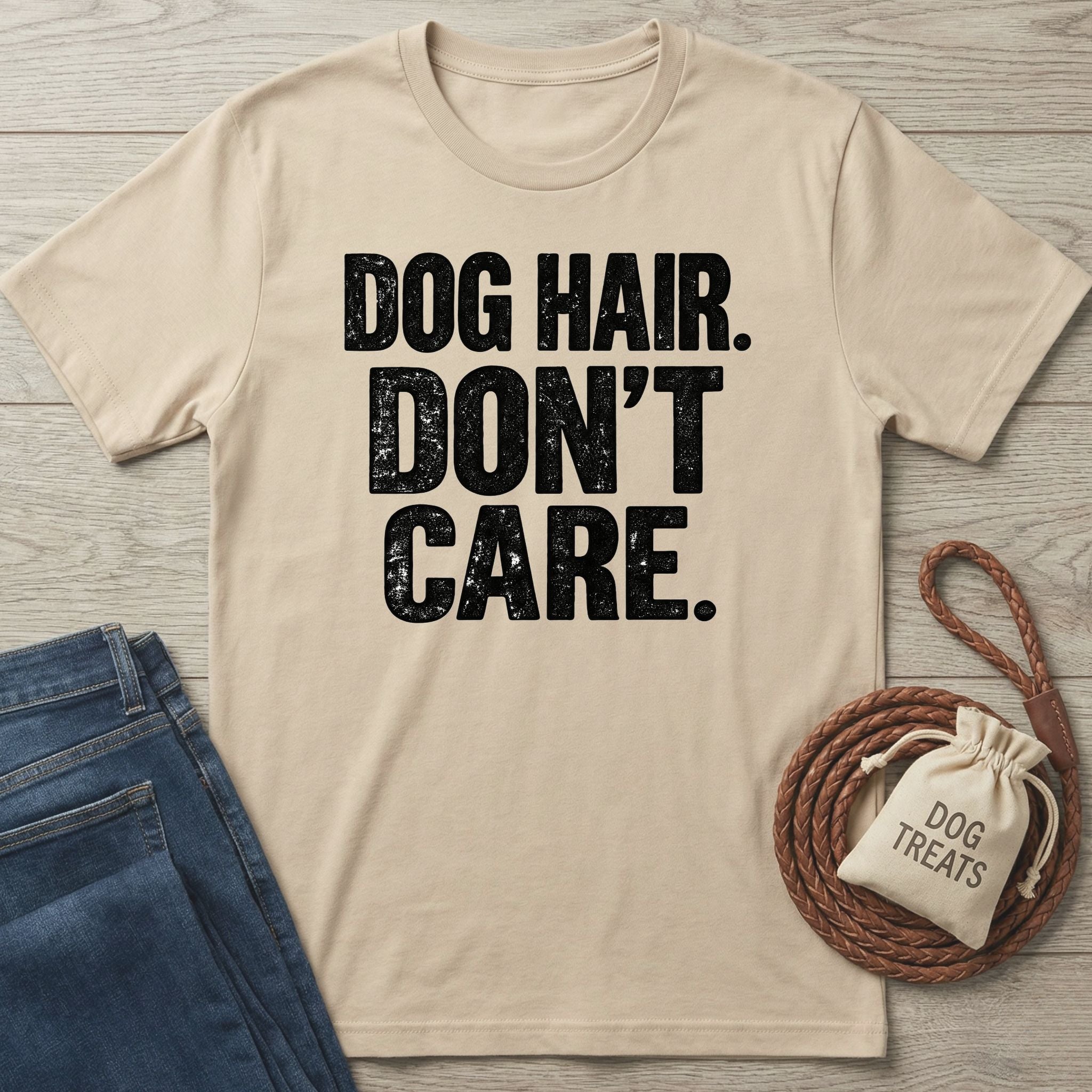 Beige crewneck t-shirt featuring the distressed black text DOG HAIR. DON'T CARE. on a wooden background with jeans.