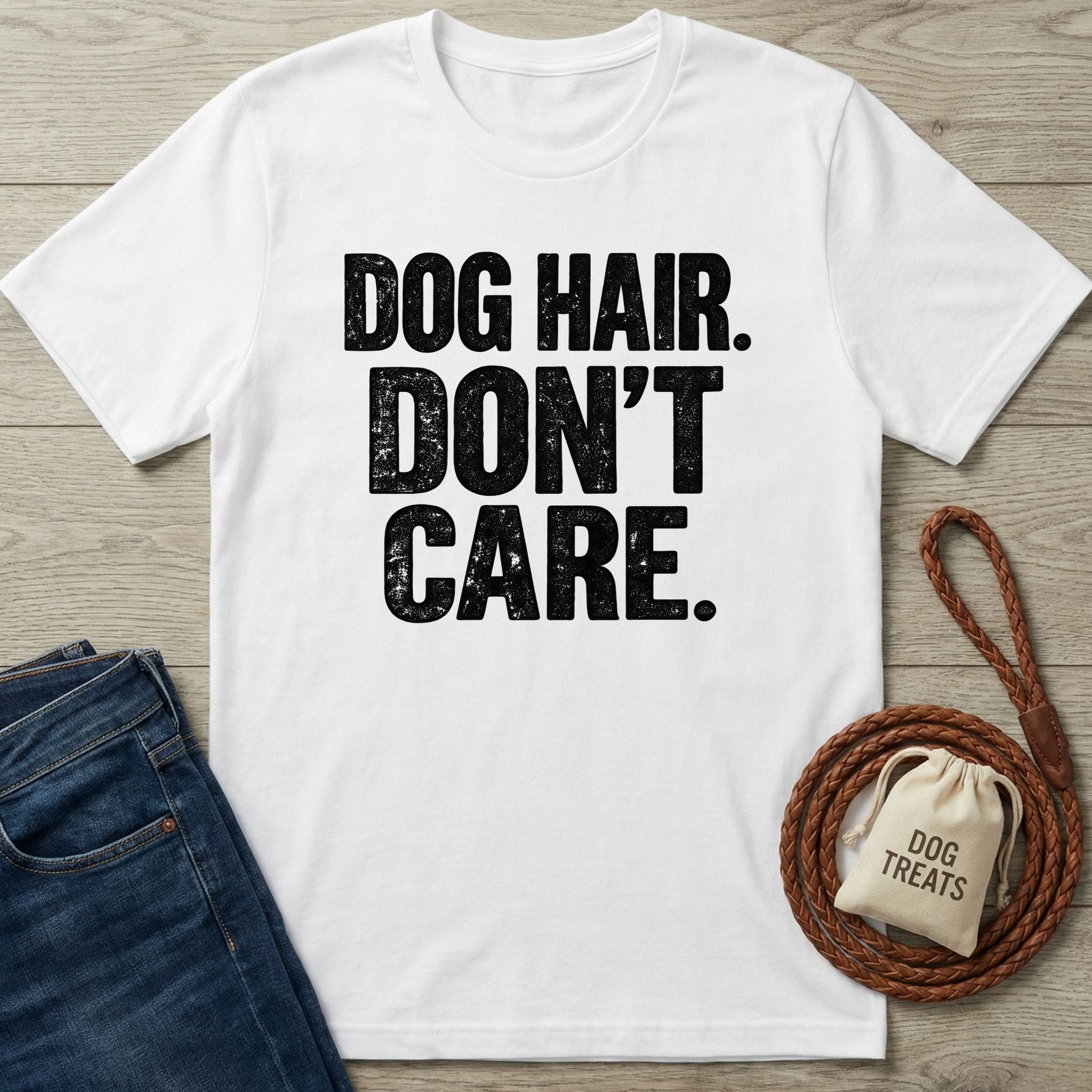 White cotton t-shirt with distressed black text reading DOG HAIR. DON'T CARE. next to a leather leash and treat bag.