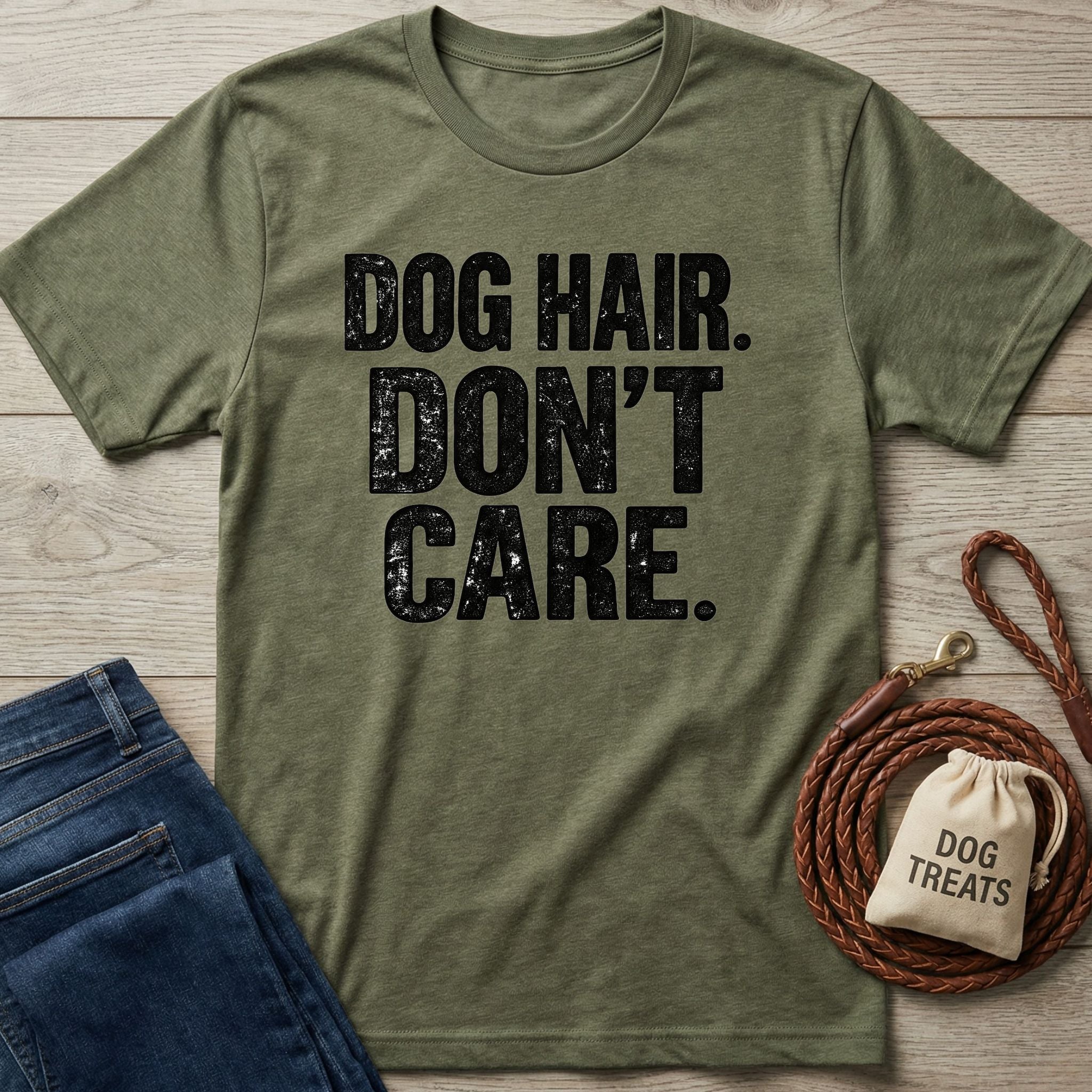 Olive green crewneck t-shirt with distressed black text reading DOG HAIR. DON'T CARE. on a wooden background with dog accessories.