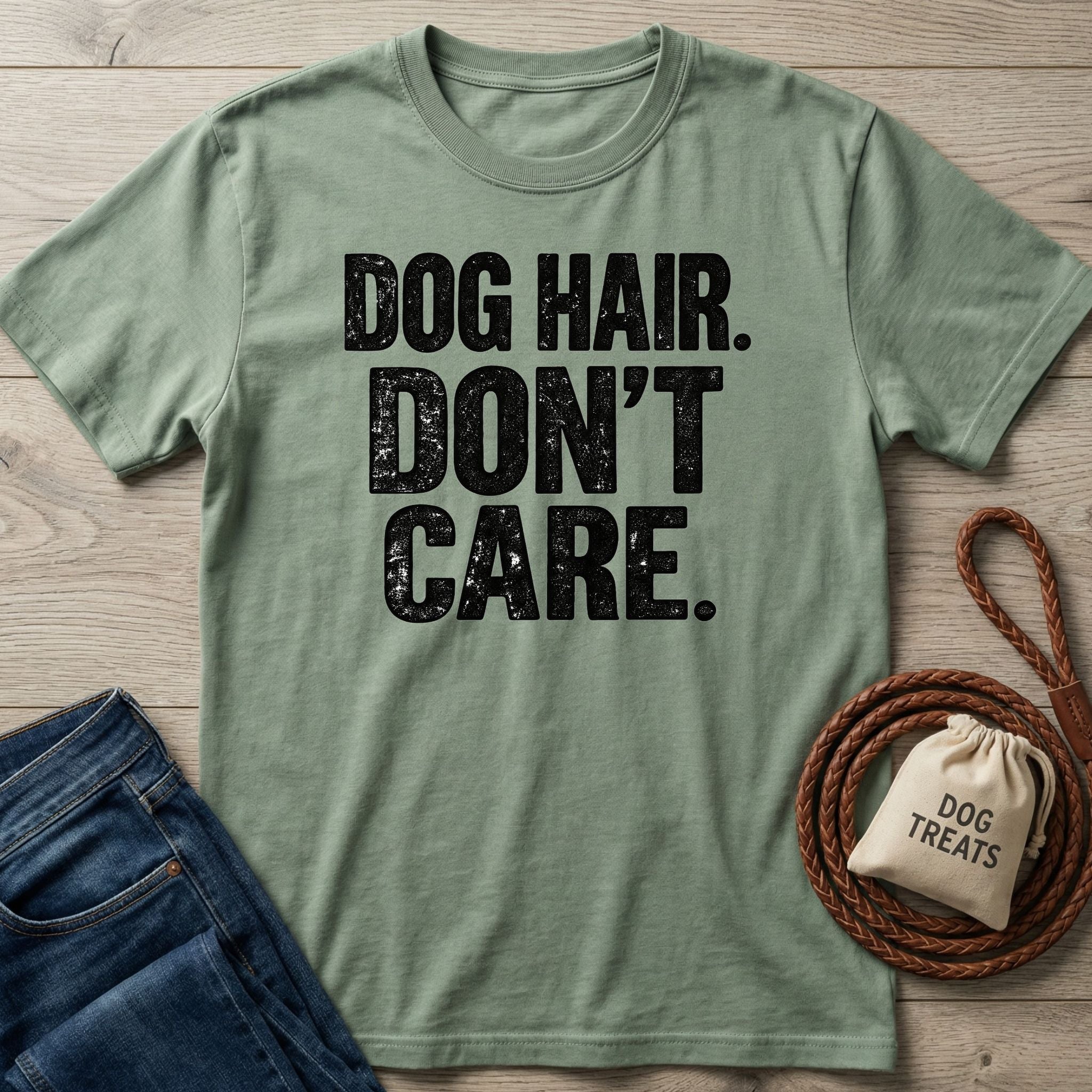 Sage green crewneck t-shirt with distressed black text reading DOG HAIR. DON'T CARE. laid on a wooden surface with a leash.