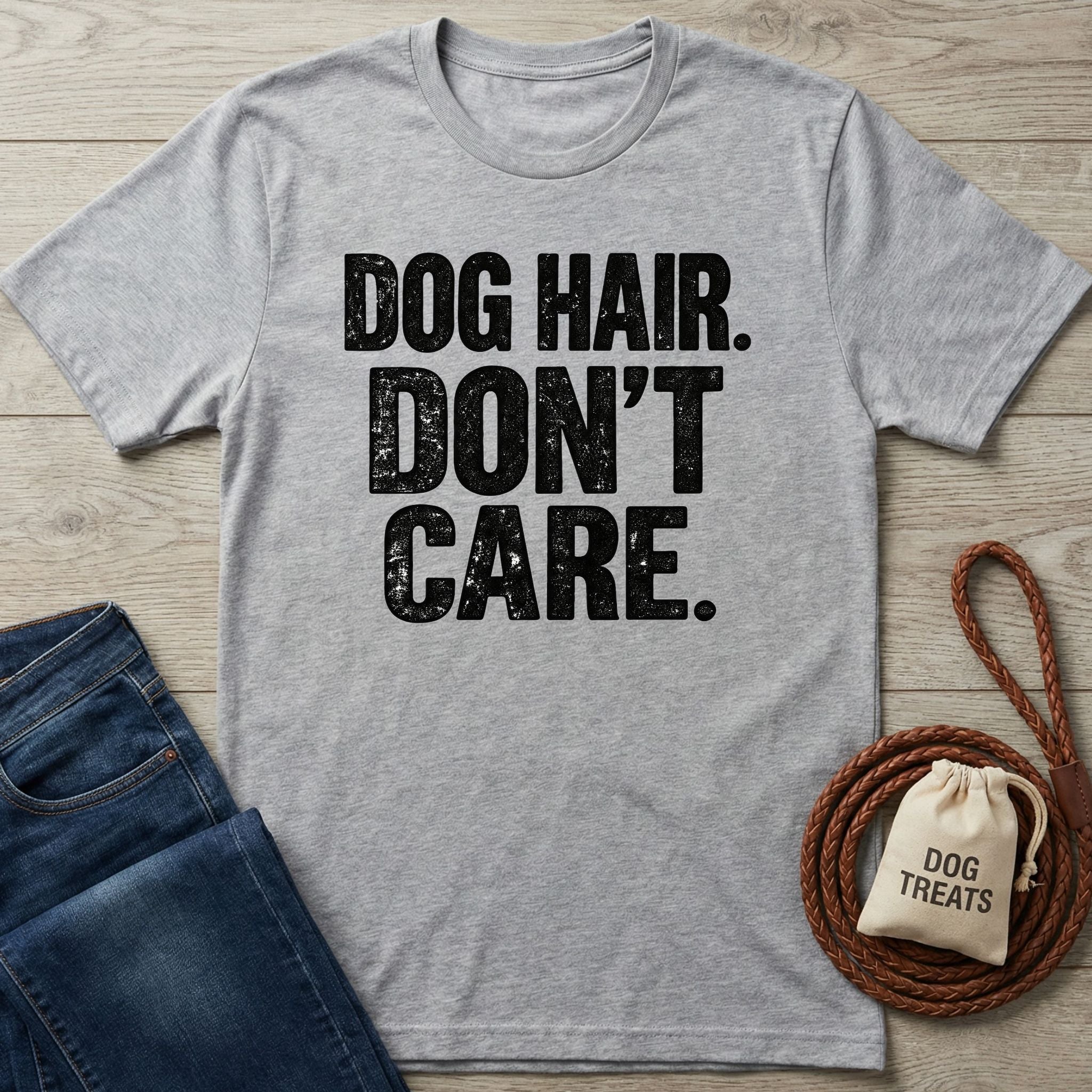 Grey crewneck t-shirt with distressed black text reading Dog Hair. Don't Care. on a wooden background with jeans and treats.