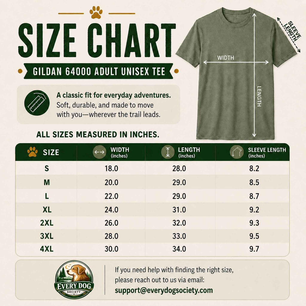 Gildan Softstyle 64000 light grey t-shirt with size chart showing imperial and metric measurements.