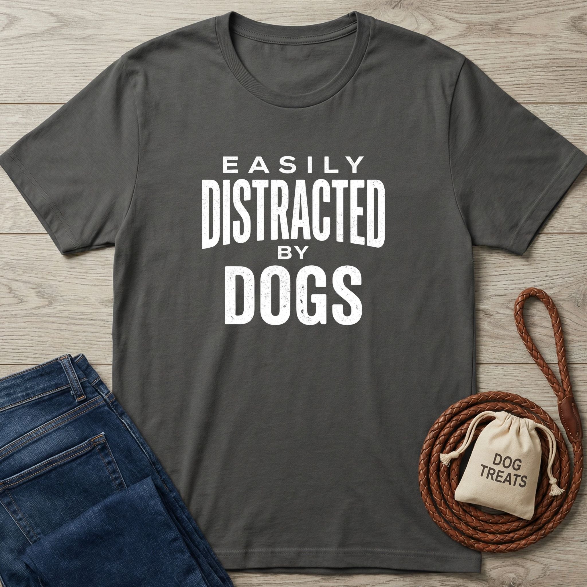 Dark grey Gildan Softstyle® t-shirt with "Easily Distracted By Dogs" in white text, next to blue jeans and dog treats.