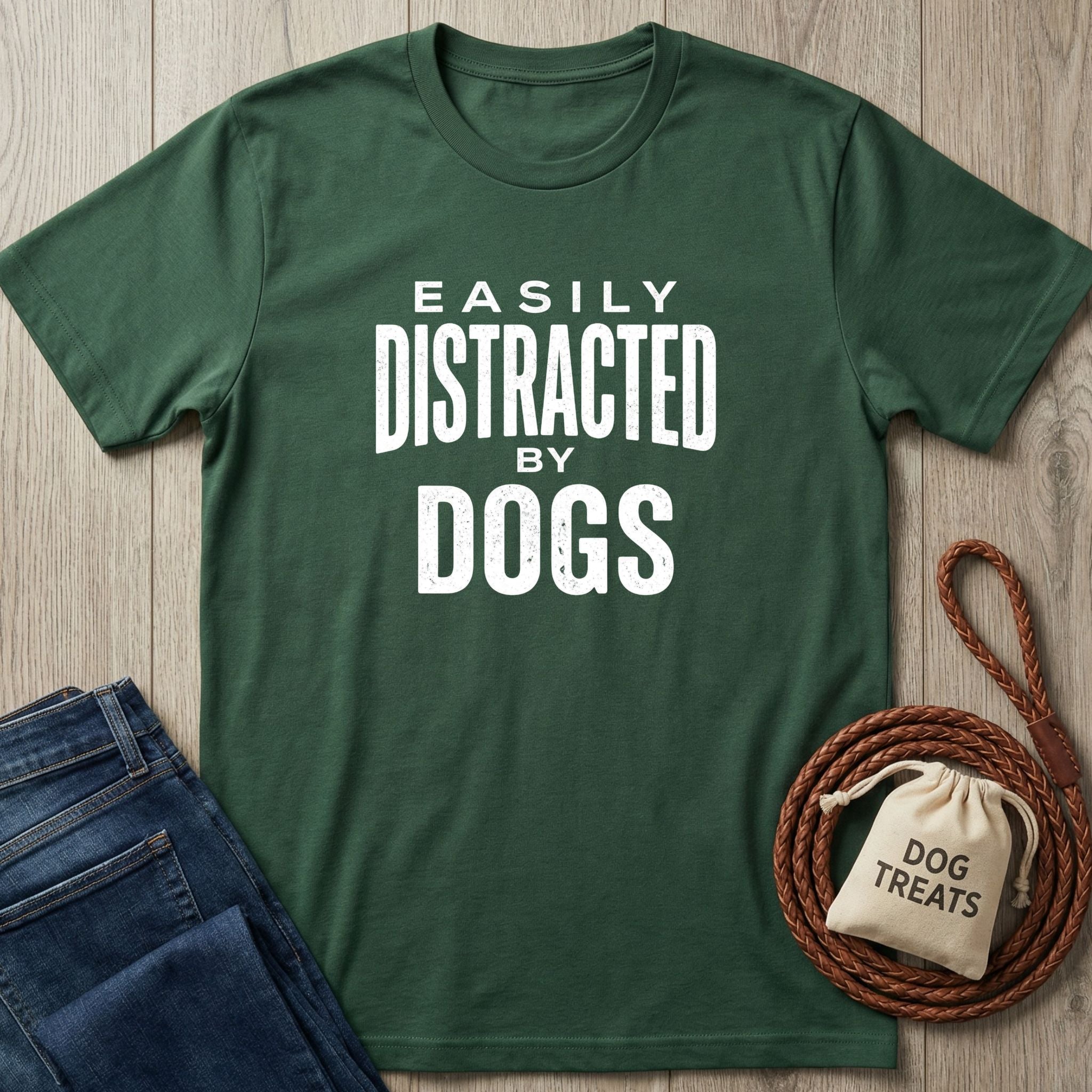 Dark green Gildan Softstyle® t-shirt with "Easily Distracted By Dogs" in white text, next to jeans and dog treats.