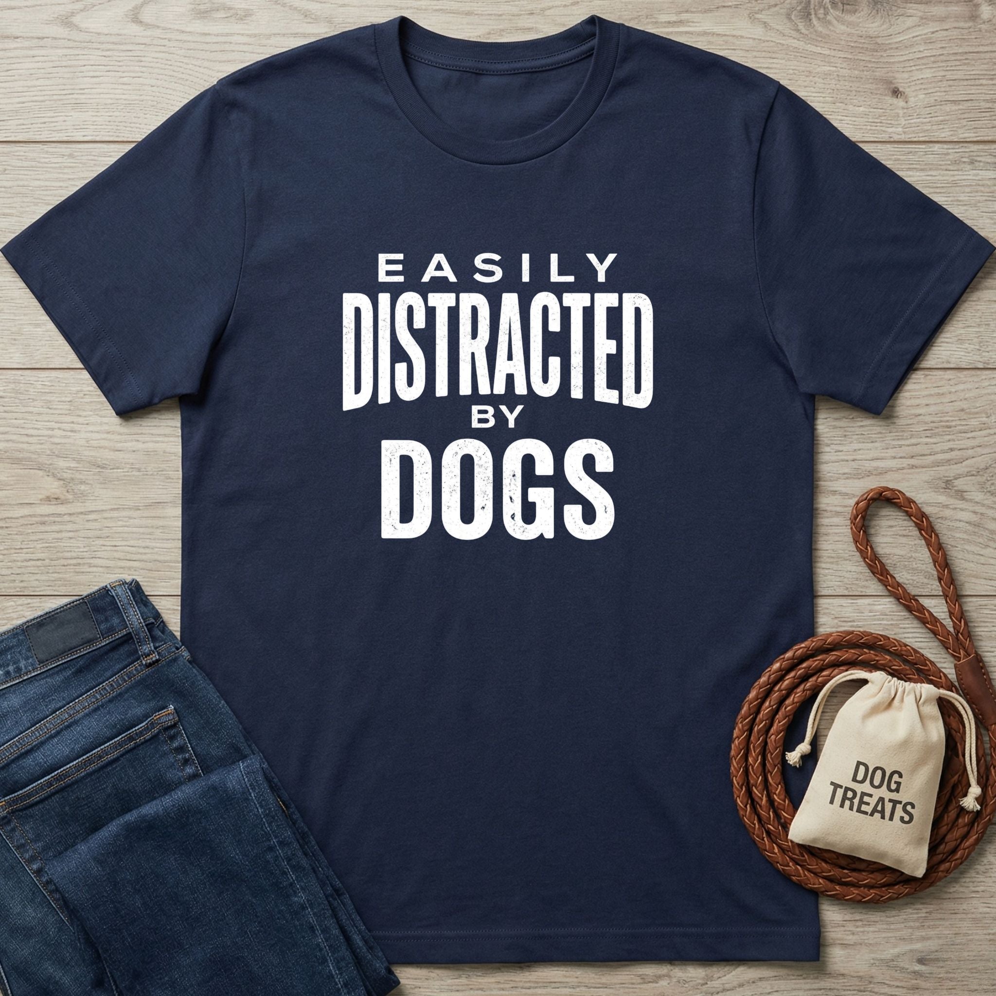 Navy blue Gildan Softstyle® 64000 t-shirt with "Easily Distracted By Dogs" in white text, next to jeans and a treat bag.