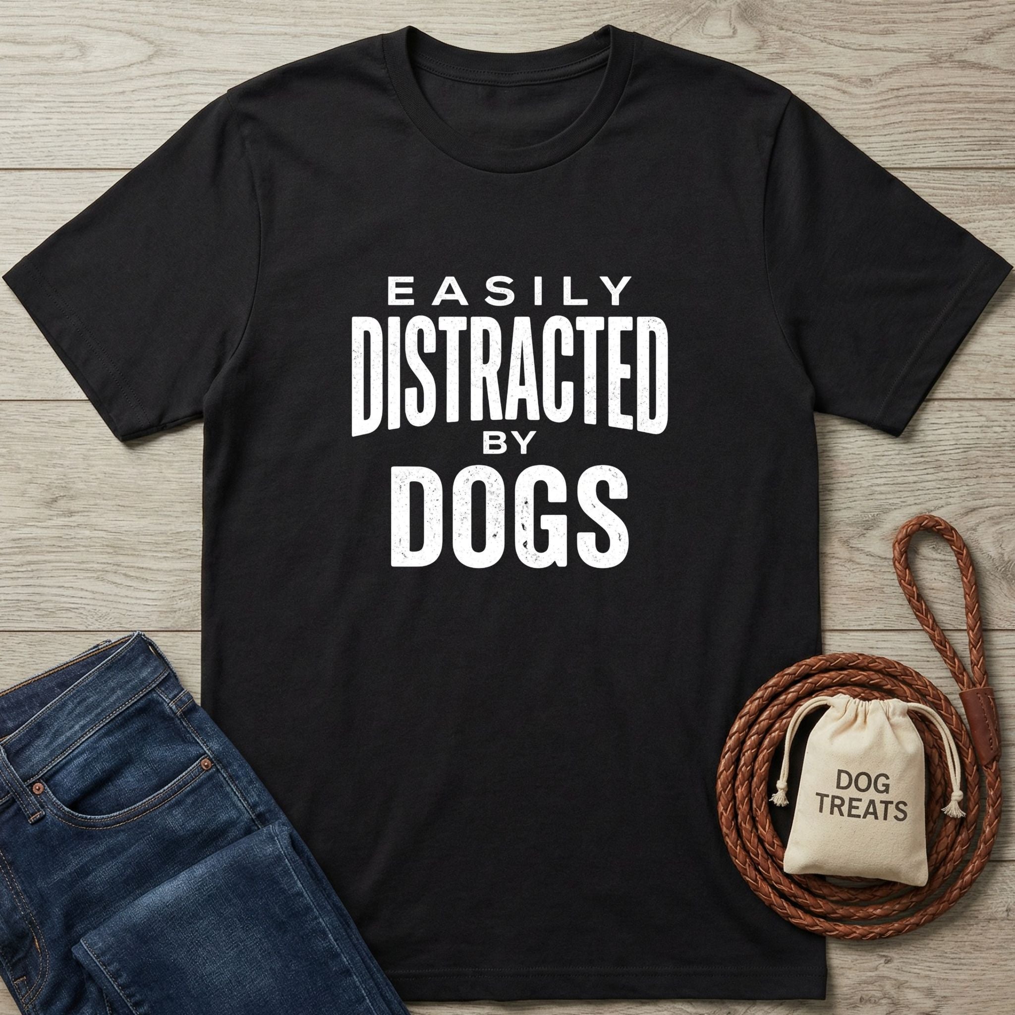 Black Gildan Softstyle® 64000 t-shirt with "Easily Distracted By Dogs" in white text, next to jeans and dog treats.