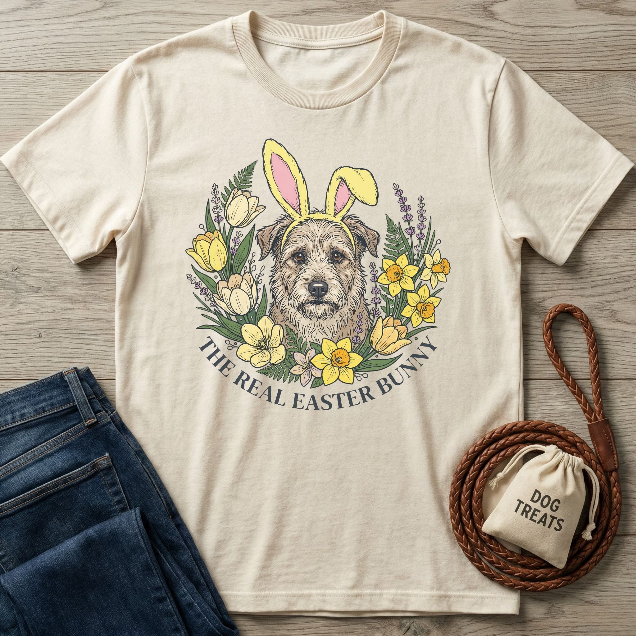 Cream Gildan Softstyle t-shirt with a terrier wearing bunny ears, surrounded by spring flowers and "The Real Easter Bunny" text.