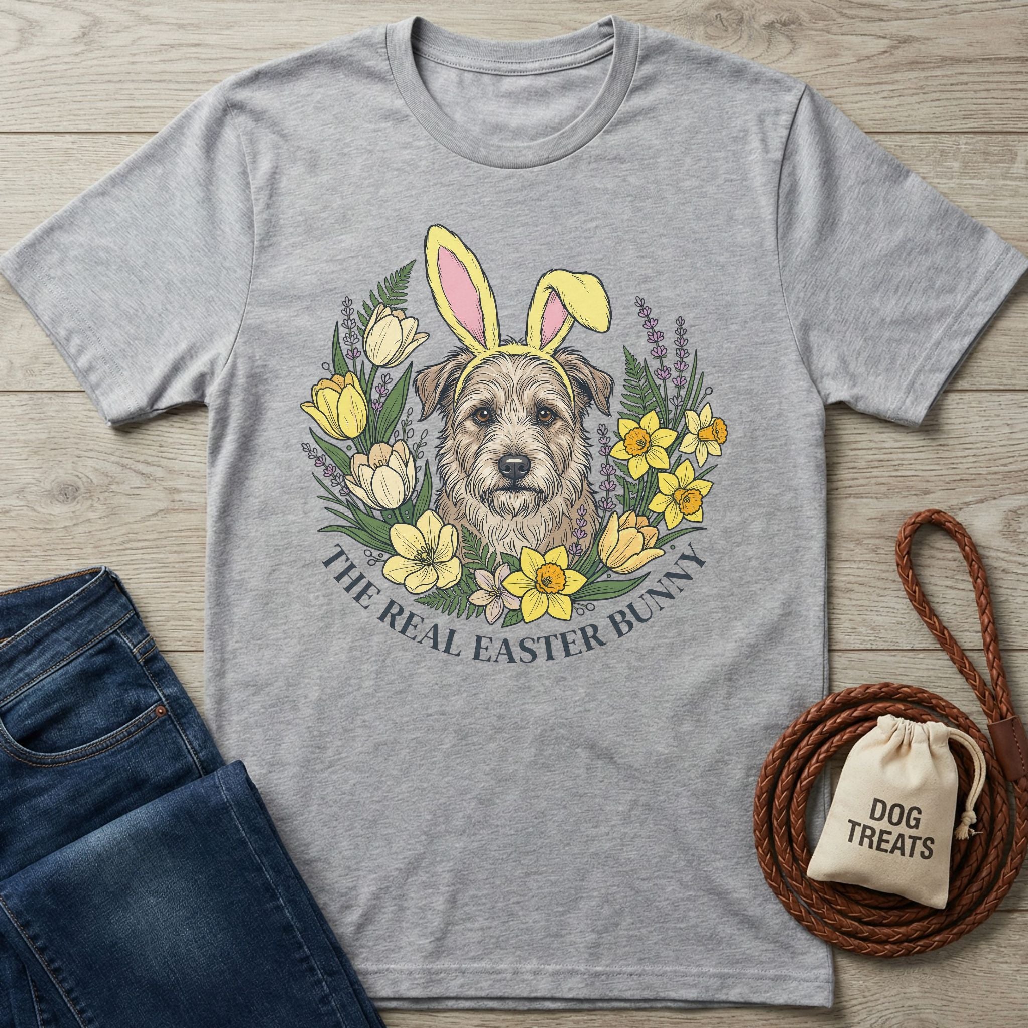 Light grey Gildan Softstyle® t-shirt with a graphic of a dog wearing bunny ears, surrounded by spring flowers and text "The Real Easter Bunny.