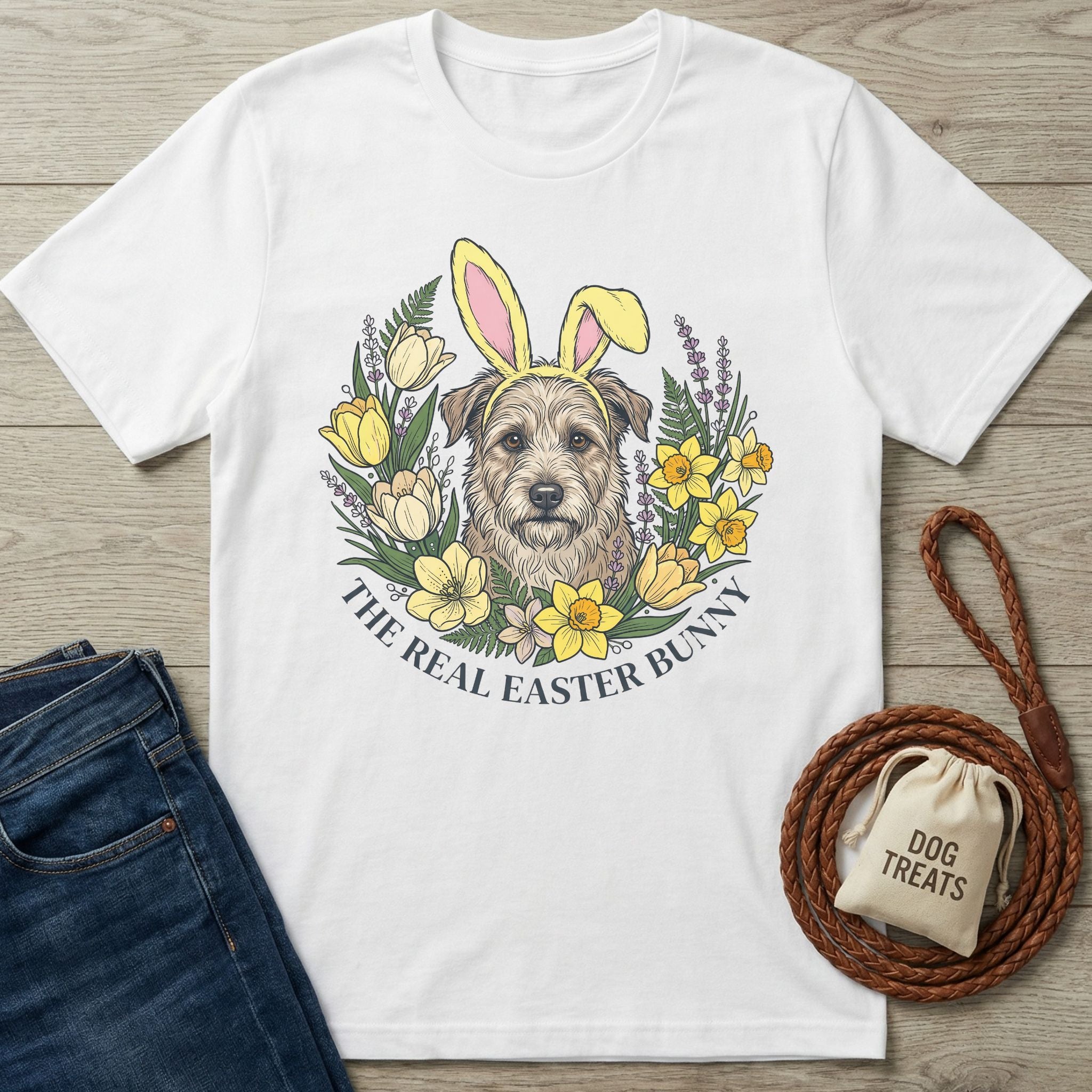 White Gildan Softstyle® t-shirt with a dog wearing bunny ears, surrounded by yellow flowers and "The Real Easter Bunny" text.