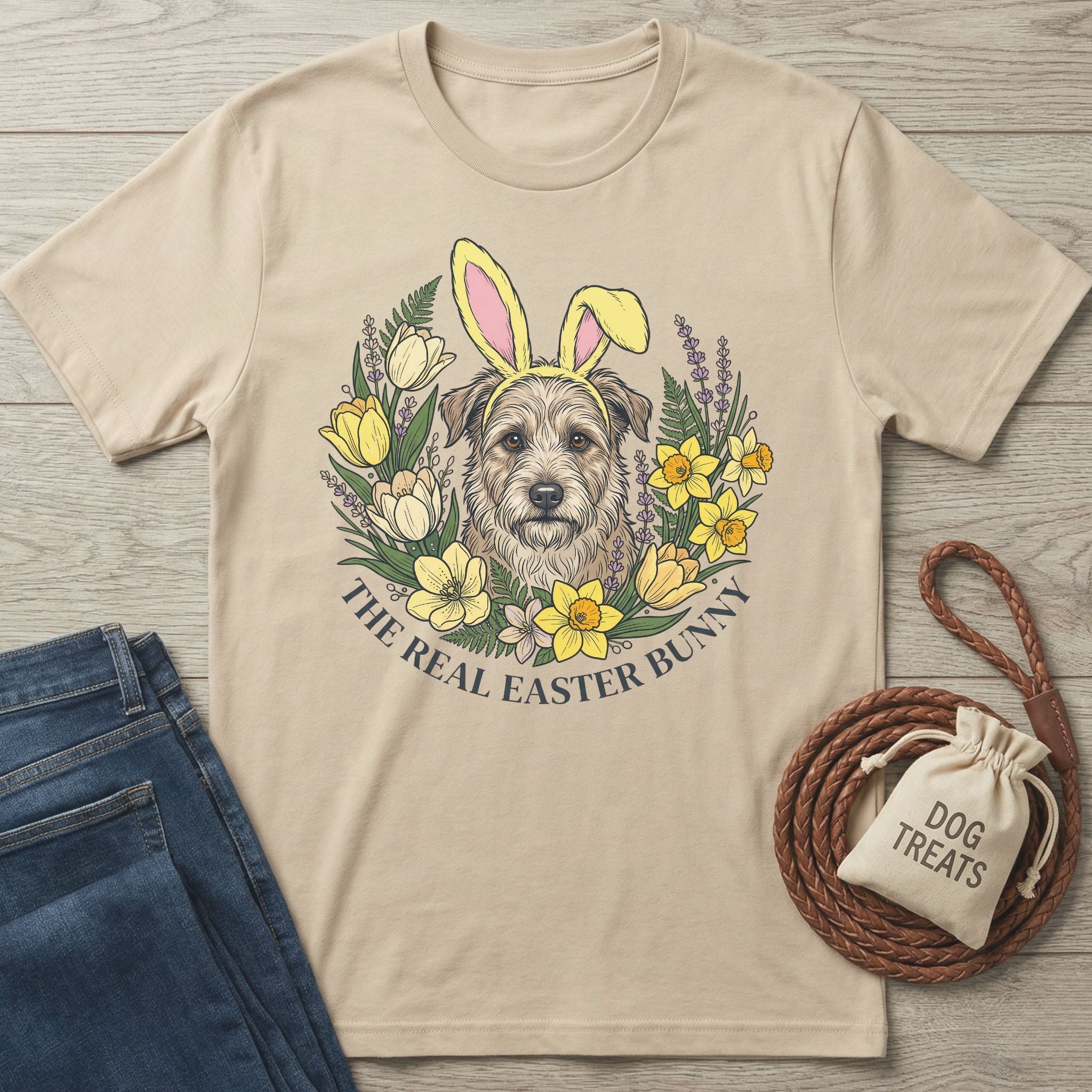 Beige Gildan Softstyle® t-shirt with a dog wearing bunny ears in a floral wreath, "The Real Easter Bunny" text.
