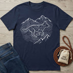 Navy blue Gildan Softstyle t-shirt with white mountain and running dog contour line graphic.