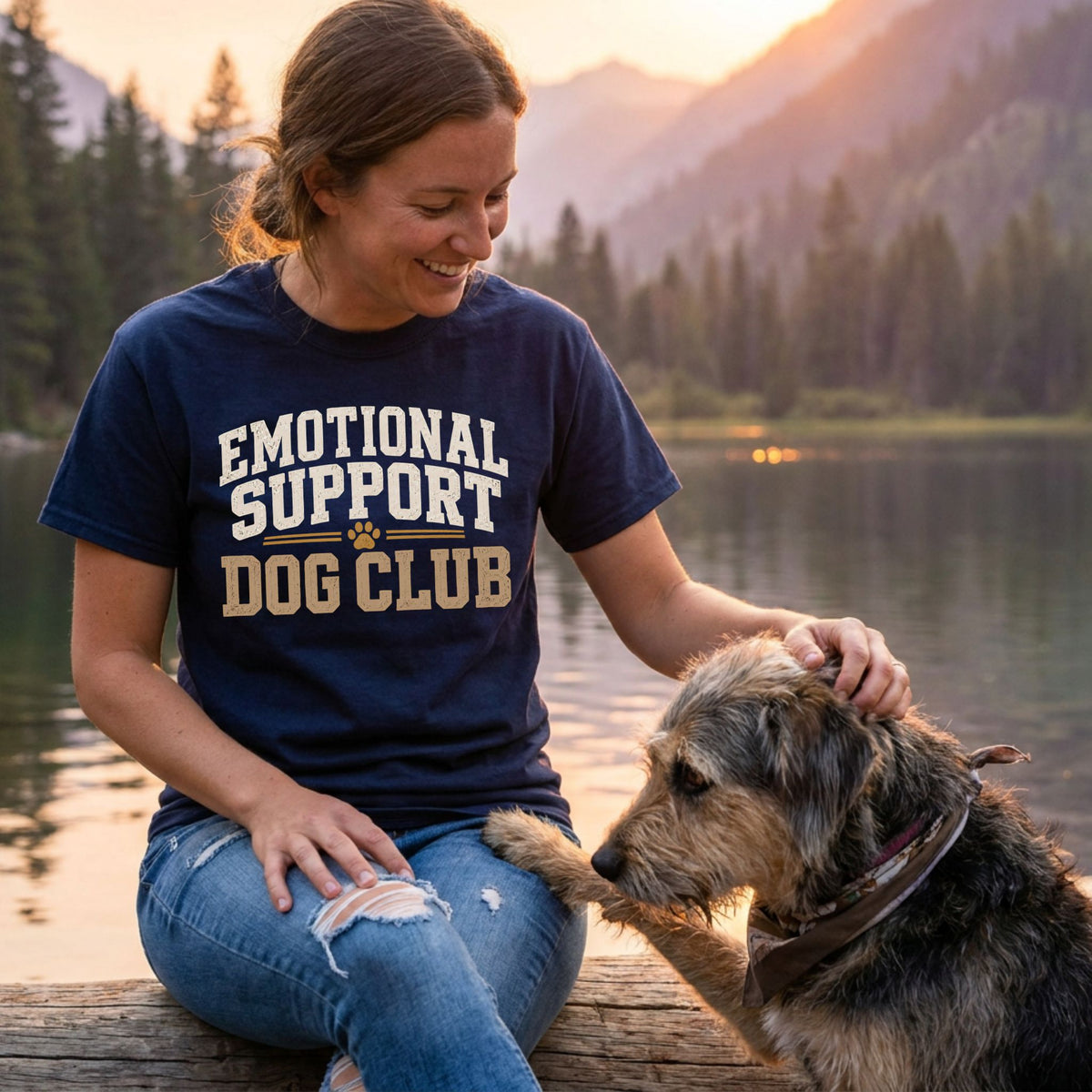 Woman wearing a navy blue T-shirt with an Emotional Support Club puppy graphic, sitting by a lake with her dog.