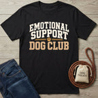 Black crewneck t-shirt featuring a white and tan text that says Emotional Support Dog Club.