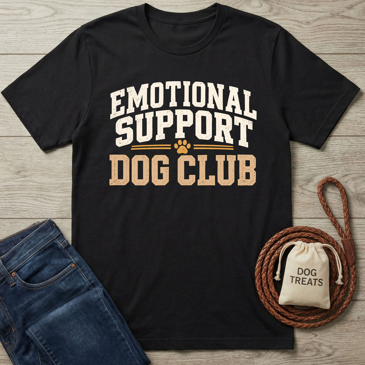 Black crewneck t-shirt featuring a white and tan text that says Emotional Support Dog Club.