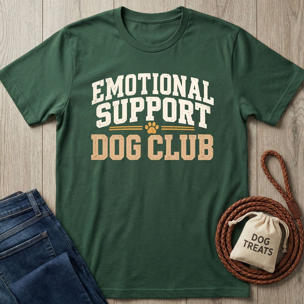 Forest green crewneck t-shirt featuring a white and tan text that says Emotional Support Dog Club.