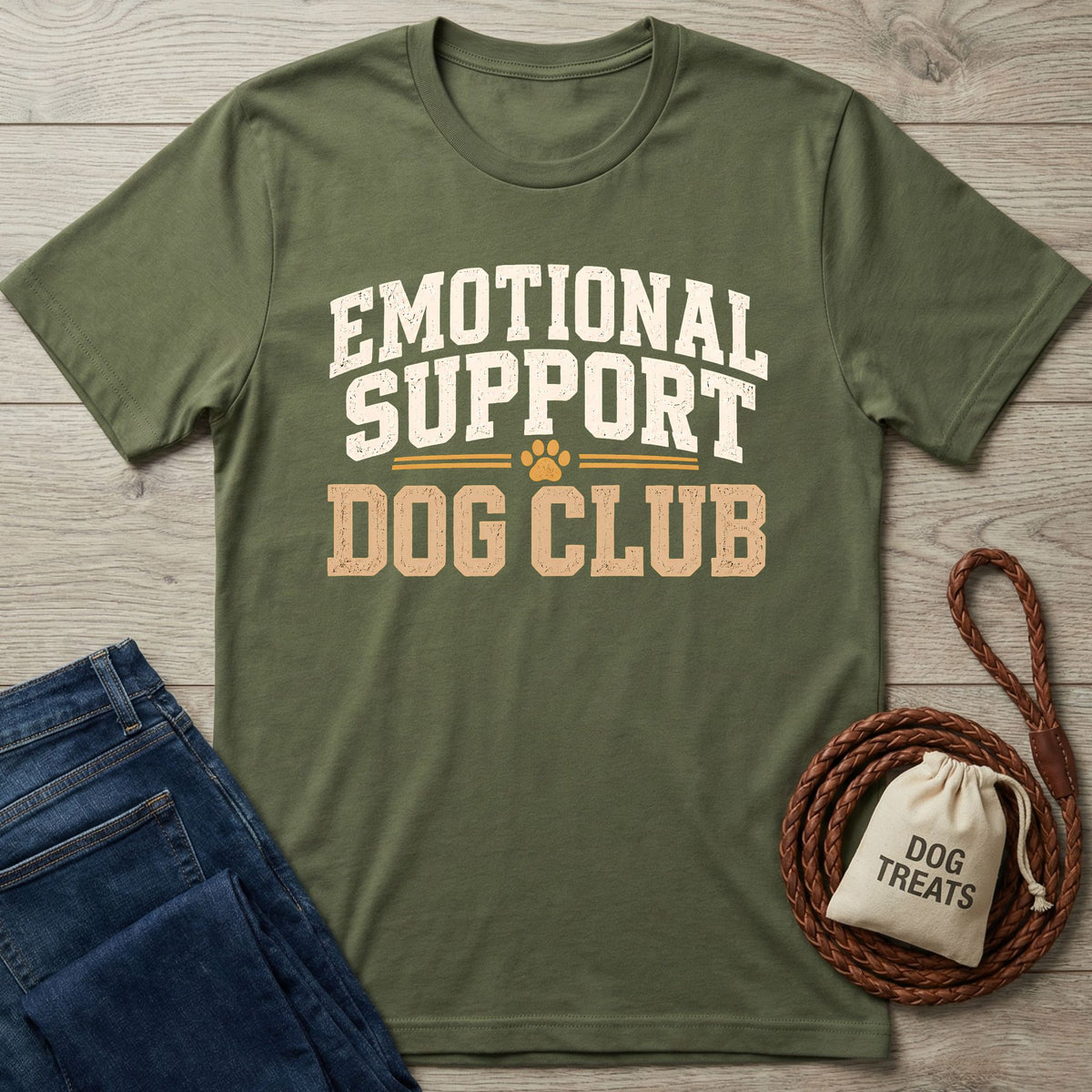 Olive green crewneck t-shirt featuring a white and tan text that says Emotional Support Dog Club.