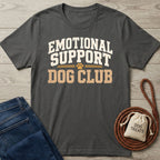 Charcoal gray crewneck t-shirt featuring a white and tan text that says Emotional Support Dog Club.