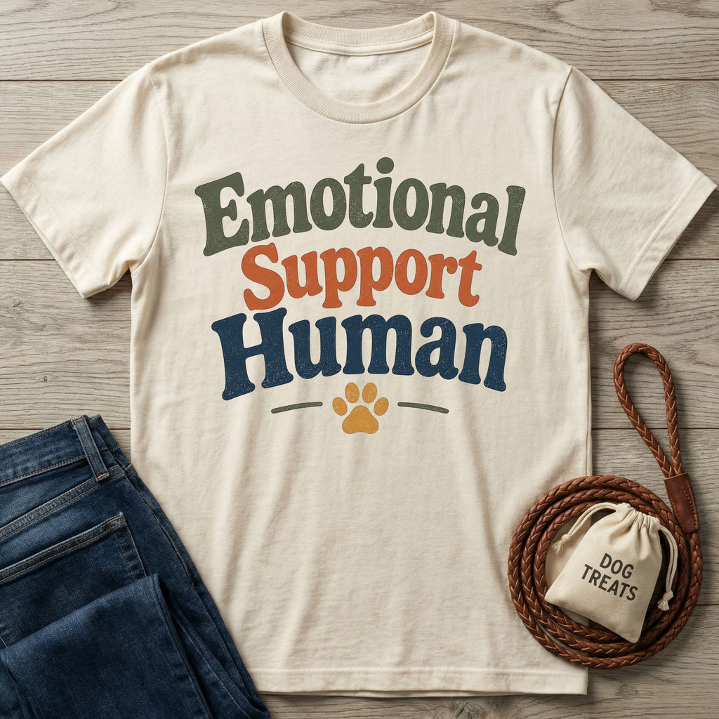Cream-colored crewneck t-shirt featuring Emotional Support Human text in retro green, orange, and blue fonts with a paw print.