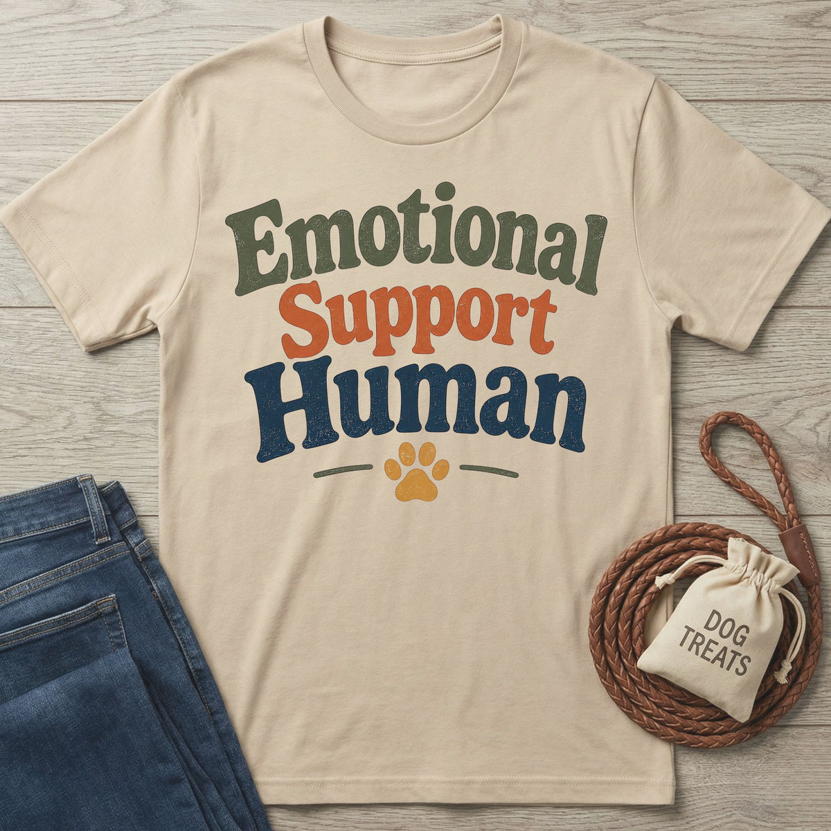 Beige "Emotional Support Human" t-shirt with a paw print, next to jeans and a "Dog Treats" bag.
