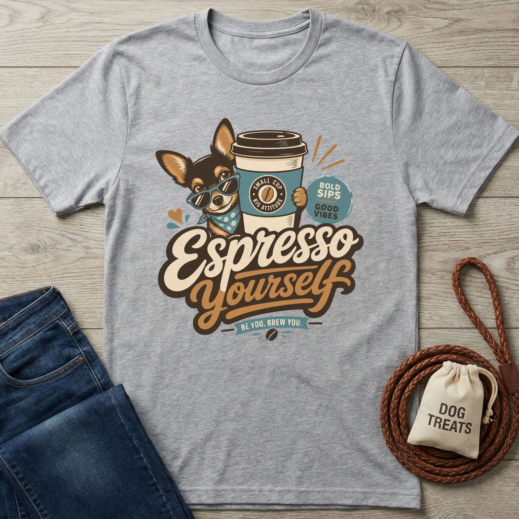 Grey t-shirt featuring a chihuahua in sunglasses holding a coffee cup with the text Espresso Yourself.
