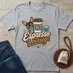 Grey t-shirt featuring a chihuahua in sunglasses holding a coffee cup with the text Espresso Yourself.