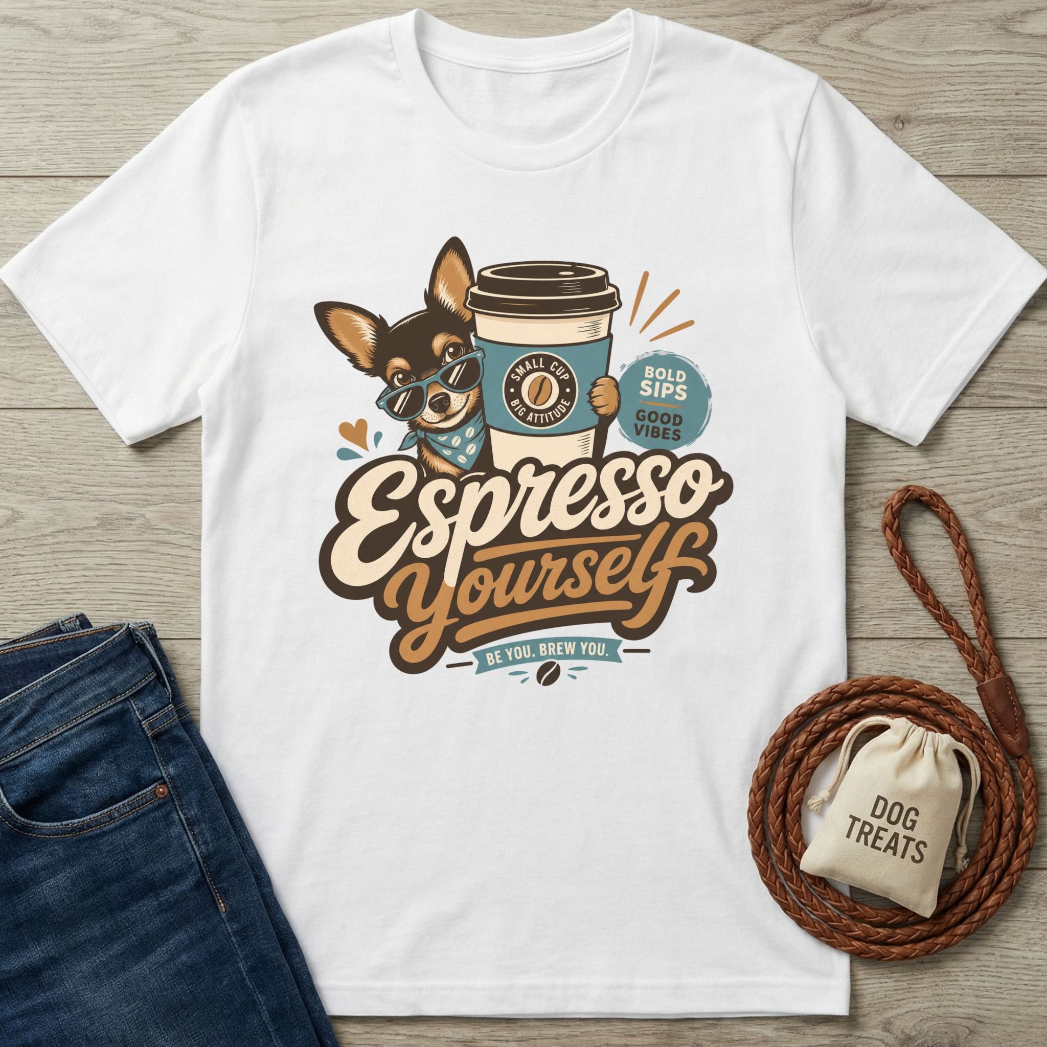 White cotton t-shirt featuring a chihuahua in sunglasses holding a coffee cup with Espresso Yourself text graphic.