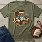 Olive green crewneck t-shirt featuring a chihuahua in sunglasses holding a coffee cup with Espresso Yourself text.