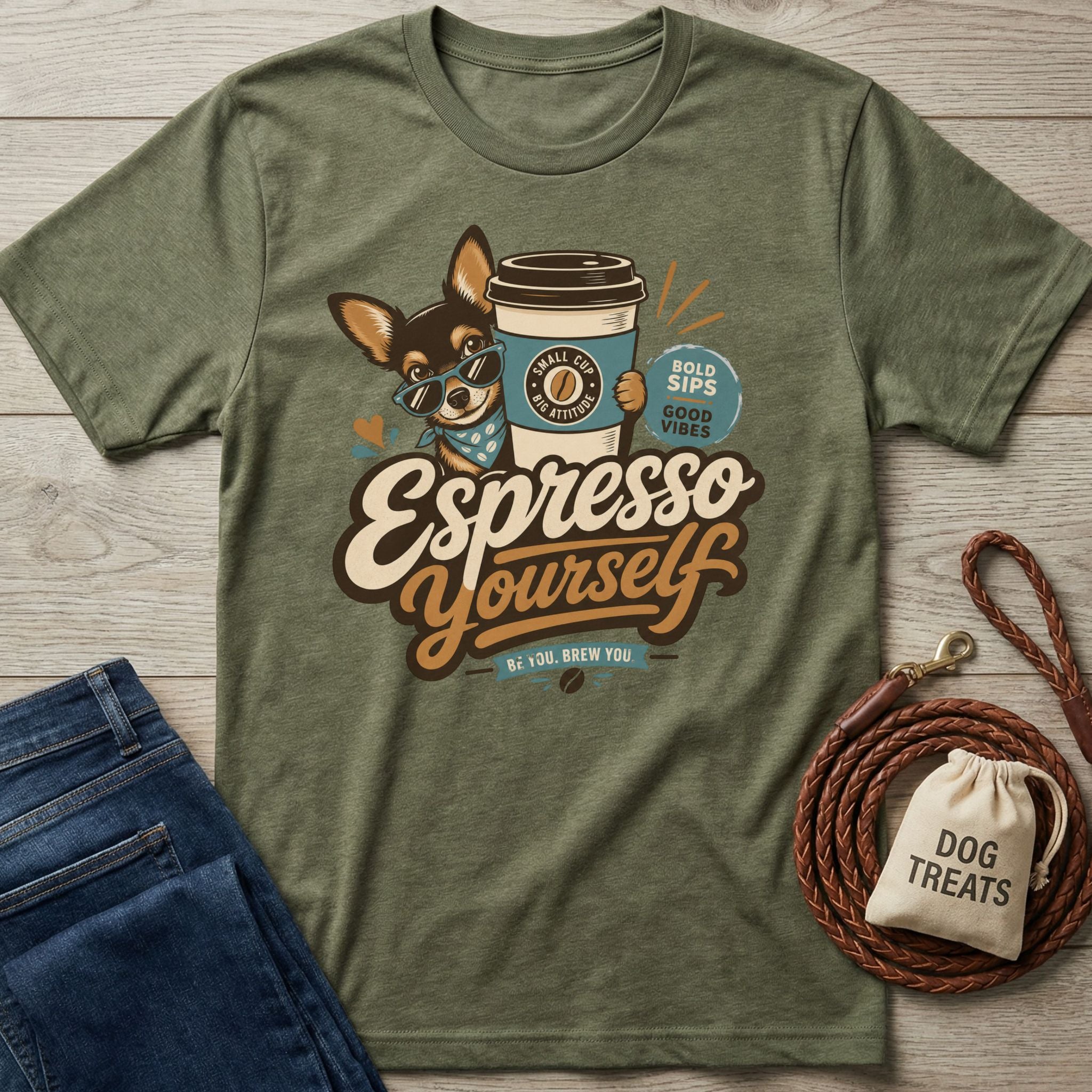 Olive green crewneck t-shirt featuring a chihuahua in sunglasses holding a coffee cup with Espresso Yourself text.