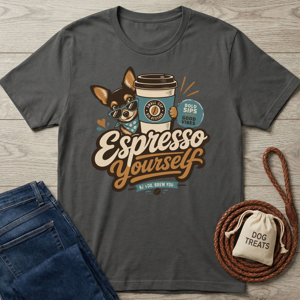 Charcoal grey cotton t-shirt featuring a chihuahua in sunglasses holding an espresso cup with Espresso Yourself text.