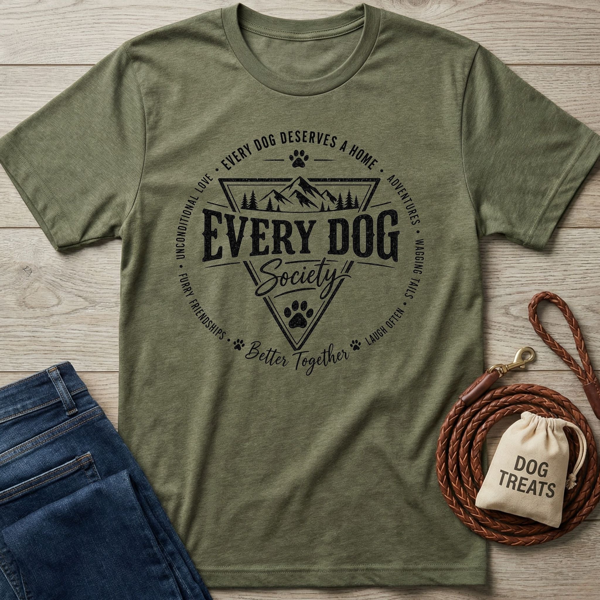 Olive green crewneck t-shirt featuring a black Every Dog Society badge graphic with mountain and paw print designs.