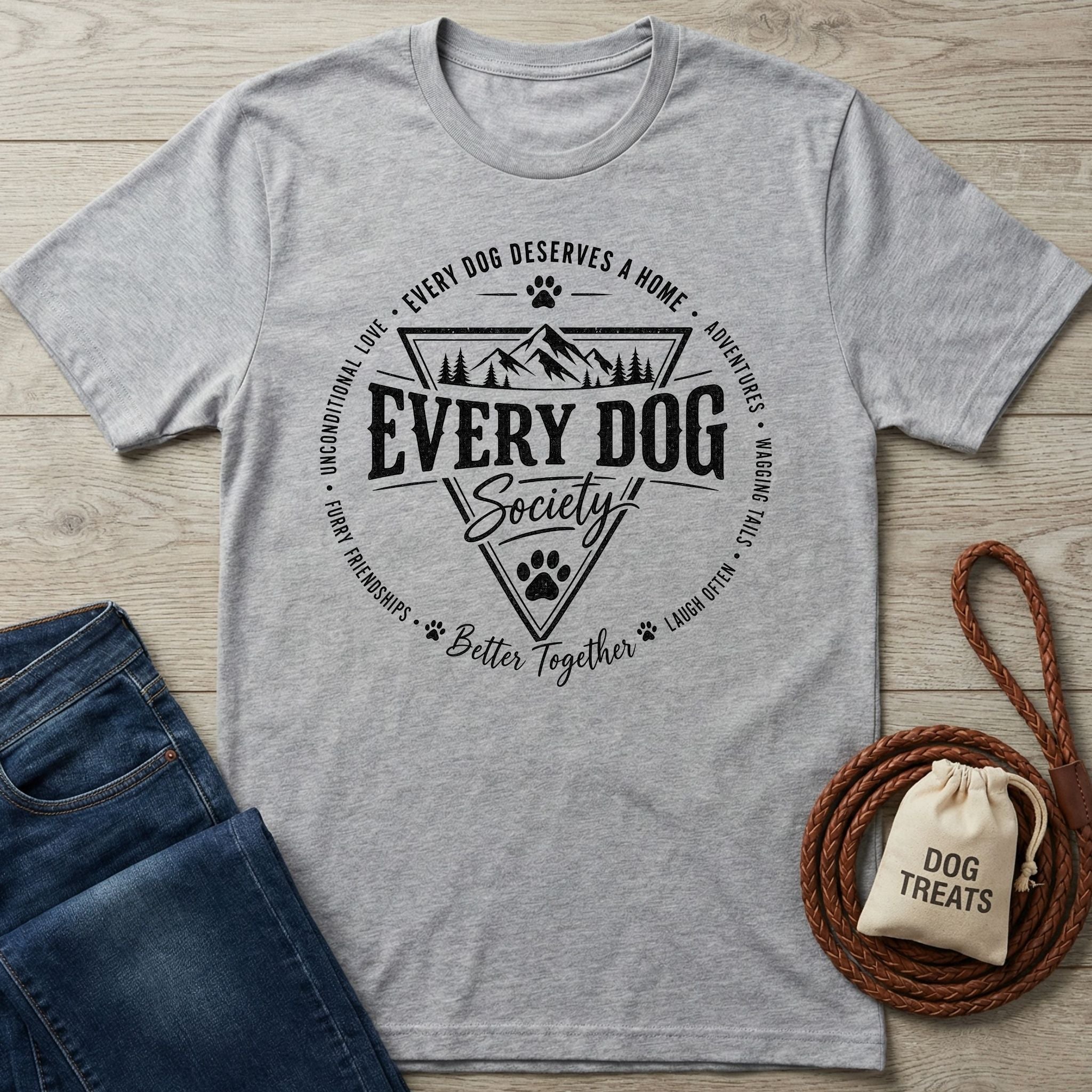Grey Every Dog Society t-shirt with a black mountain and paw print badge design, laid flat with jeans and a treat bag.