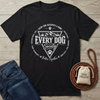 Black crewneck t-shirt featuring a white Every Dog Society badge graphic with mountain and paw print illustrations.