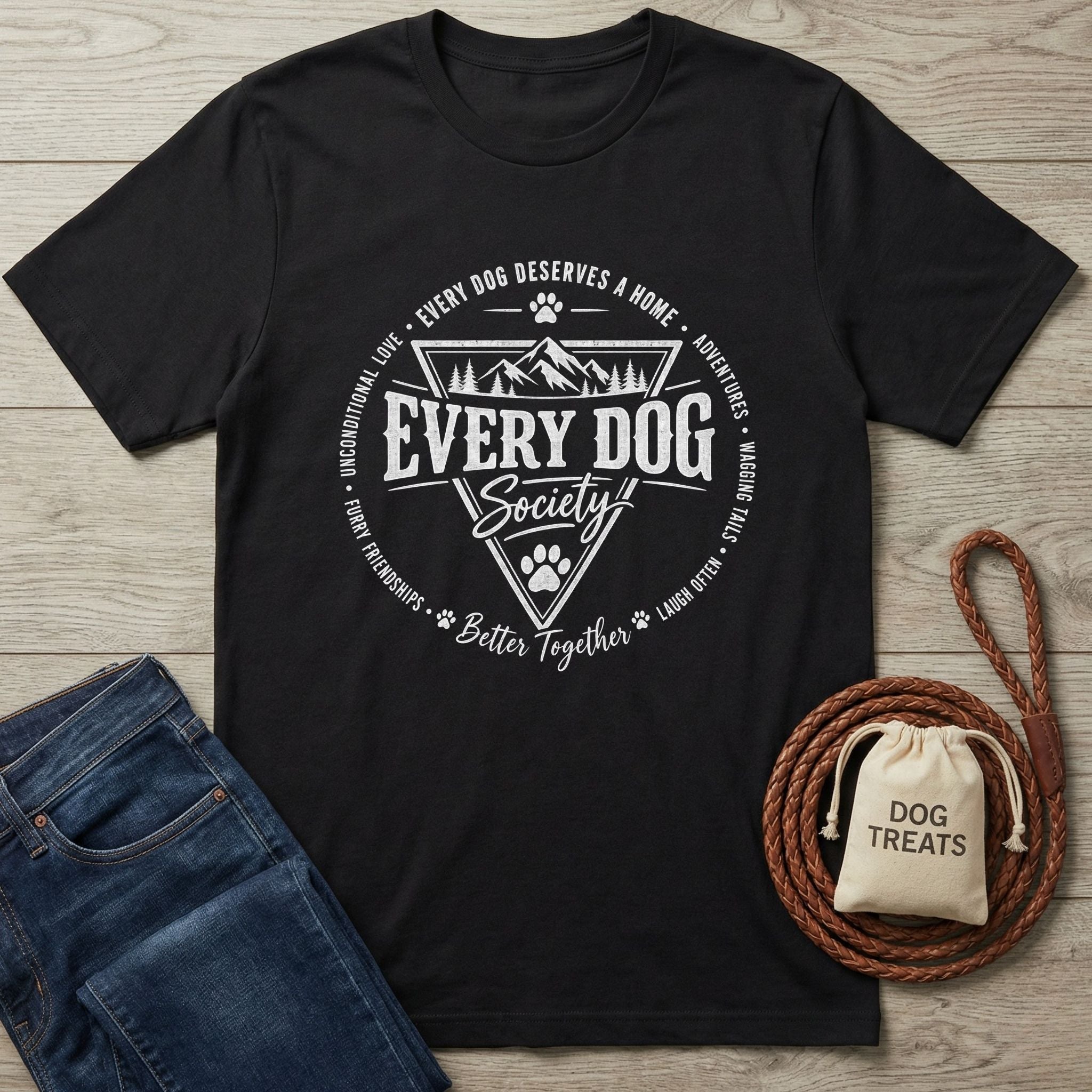 Black crewneck t-shirt featuring a white Every Dog Society badge graphic with mountain and paw print illustrations.