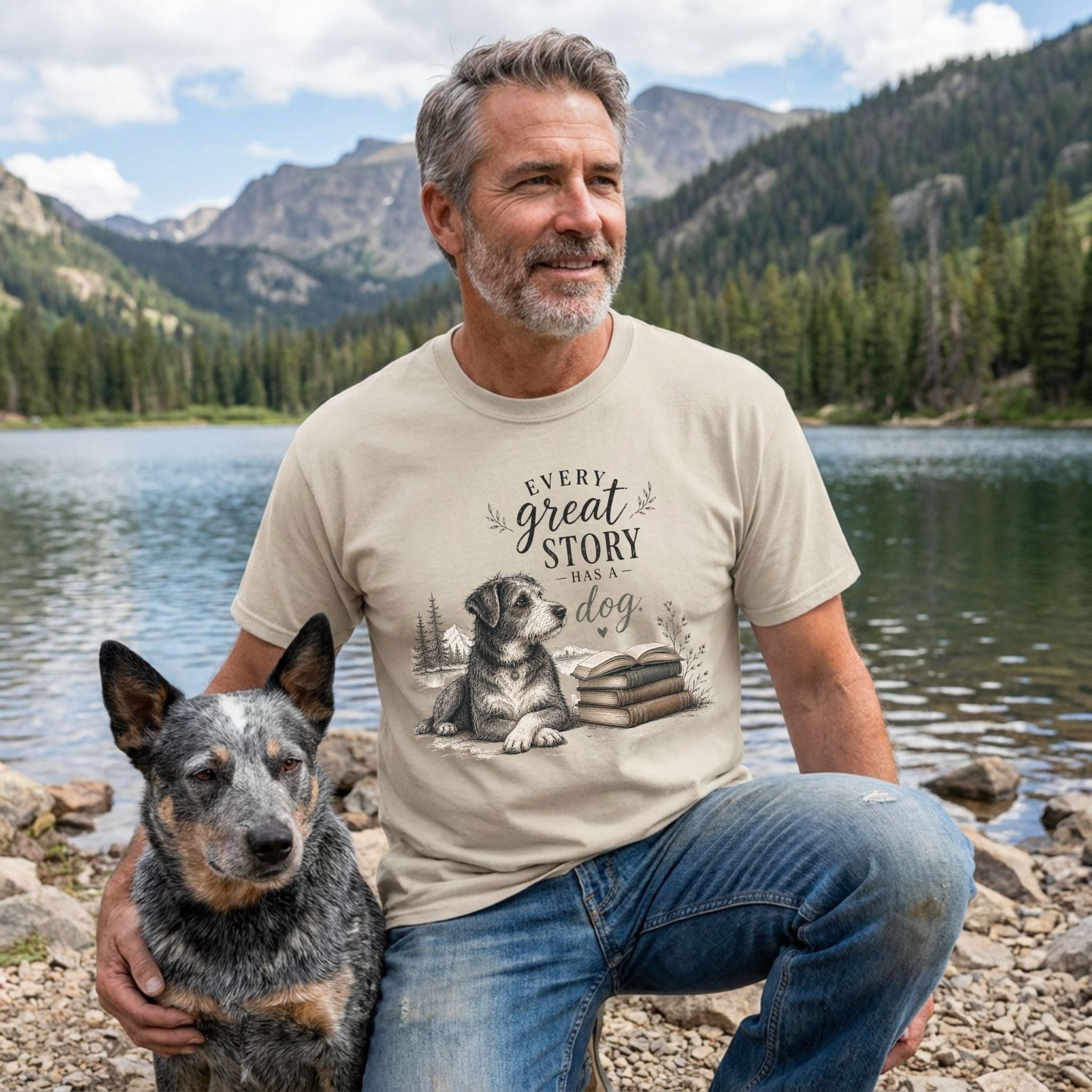 Beige crewneck t-shirt featuring a dog and book illustration with the text Every Great Story Has A Dog, worn by a man outdoors.