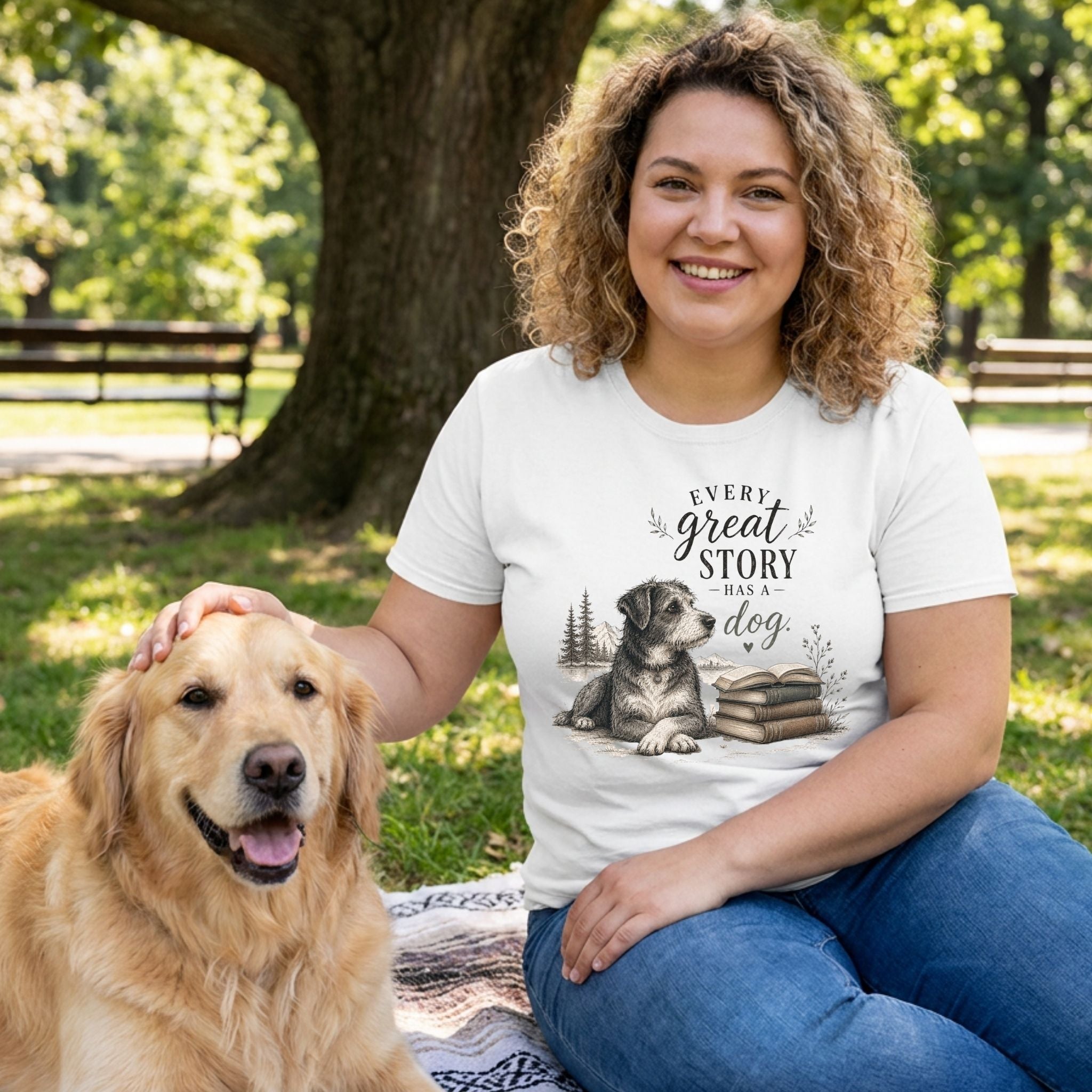 Woman wearing a white cotton t-shirt with a dog and book graphic, sitting in a park with a golden retriever.