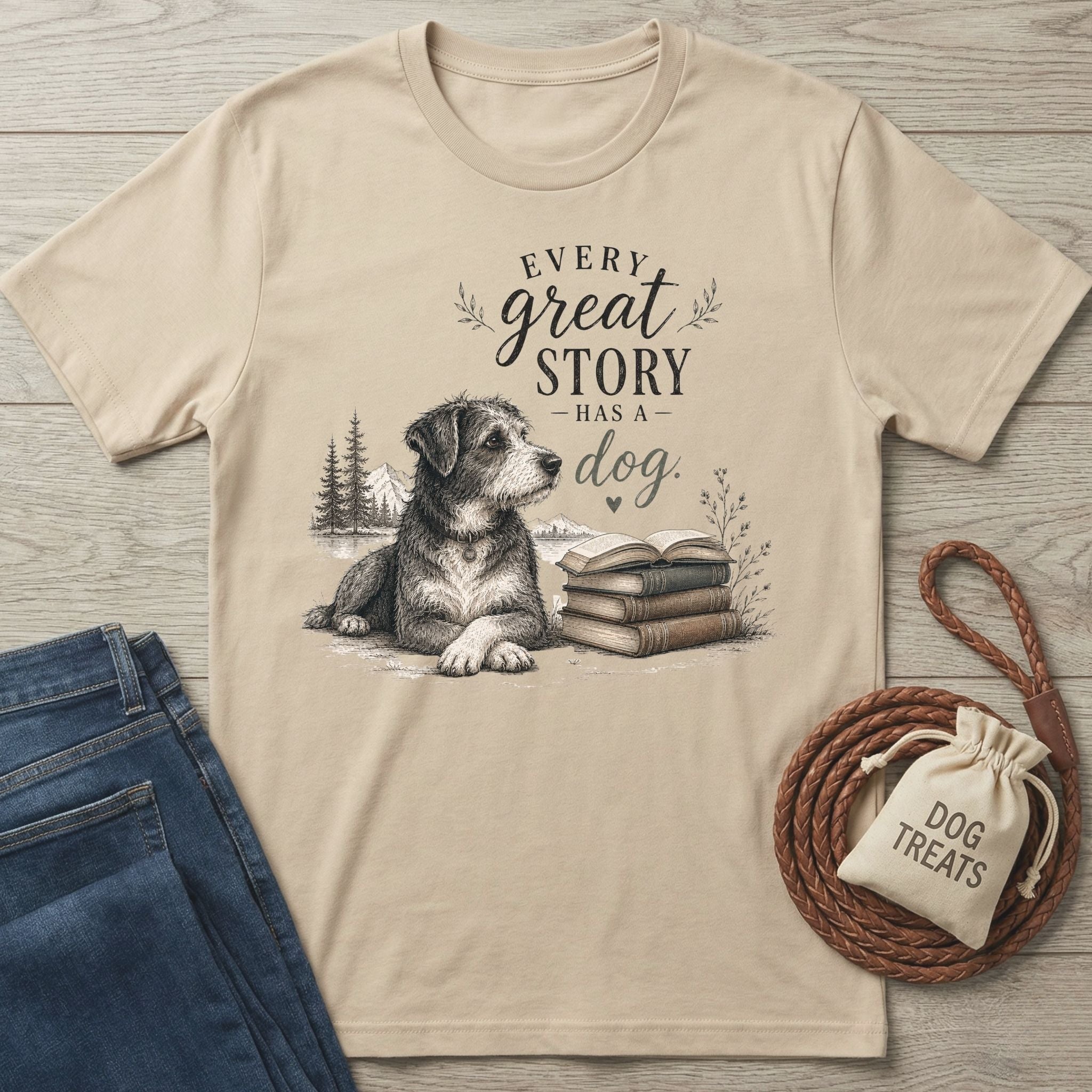 Beige crewneck t-shirt featuring a sketch of a dog beside a stack of books and the text Every Great Story Has A Dog.