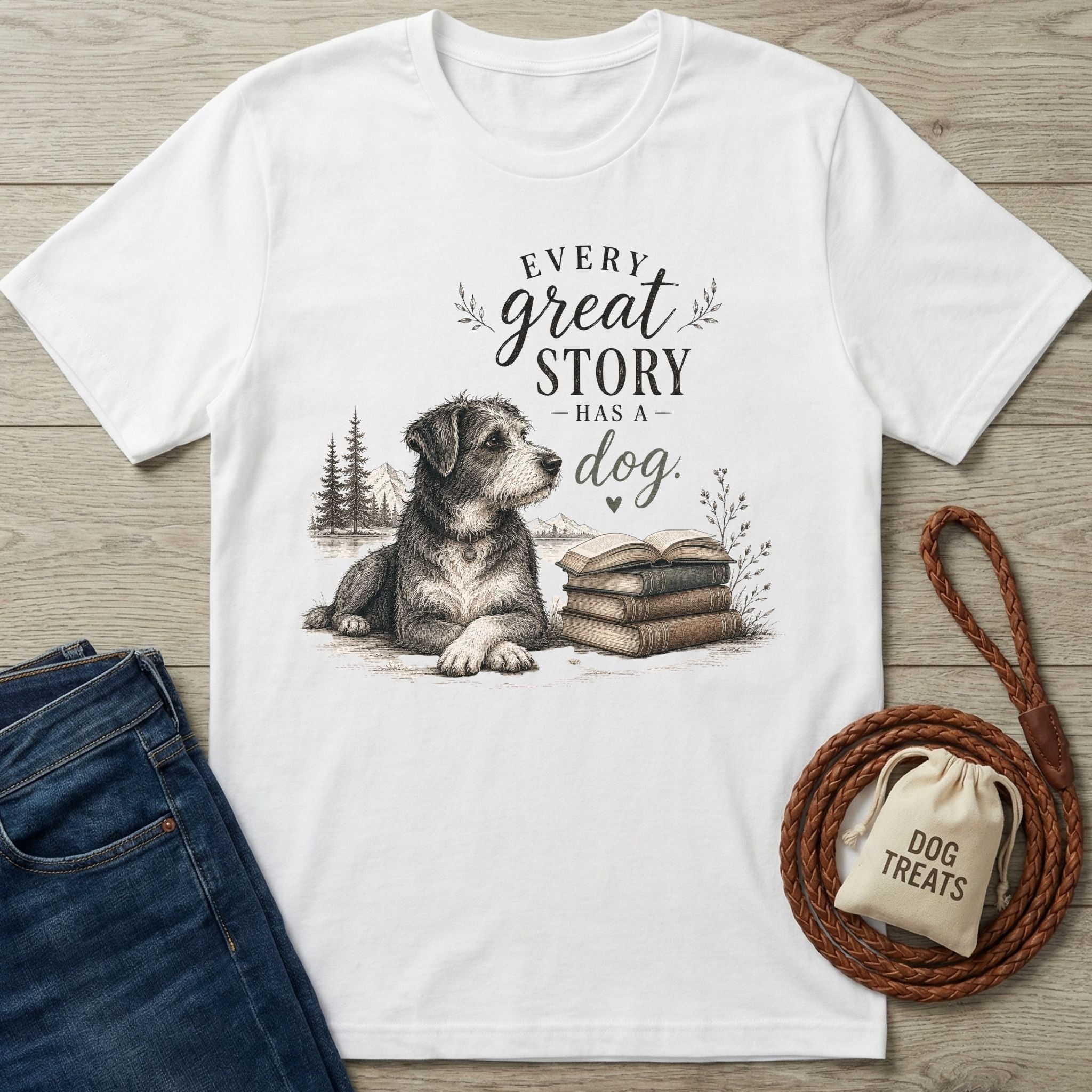 White cotton t-shirt featuring a sketch of a dog and books with the text Every Great Story Has A Dog.