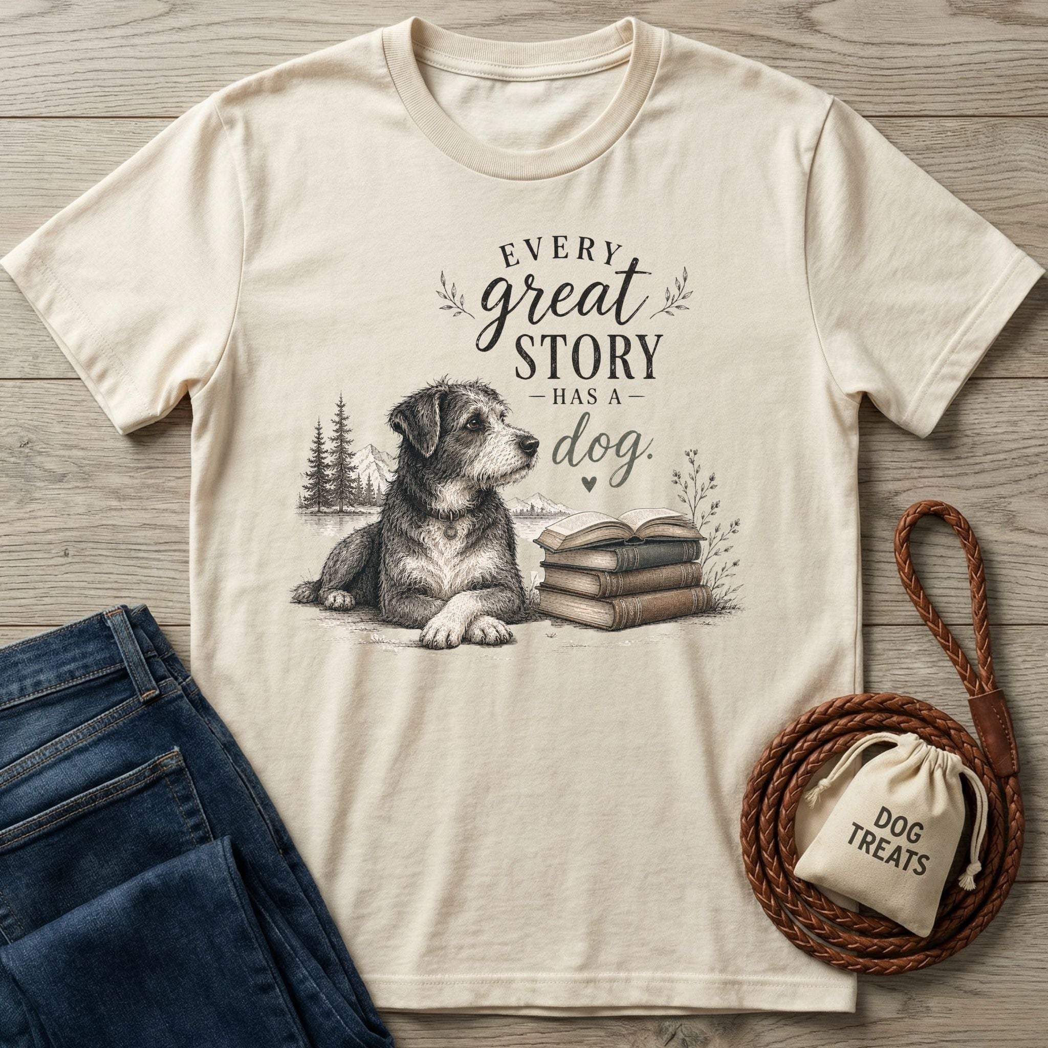 Cream-colored cotton t-shirt featuring a sketch of a dog and stack of books with the text Every Great Story Has a Dog.