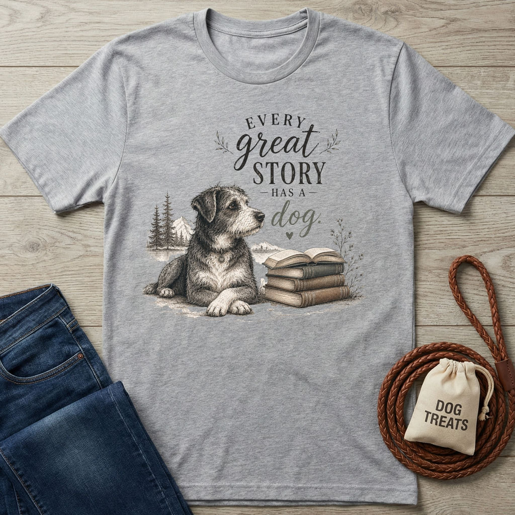 Grey crewneck t-shirt featuring a sketch of a dog resting beside a stack of books and the text Every Great Story Has A Dog.