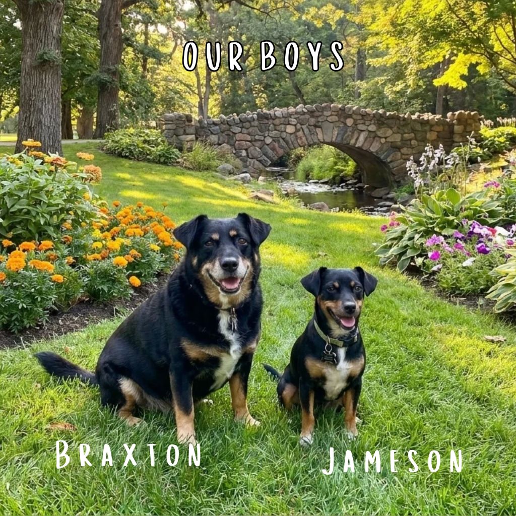 Two dogs sitting on a grassy lawn in a garden with flowers and a stone bridge in the background. White text at the top reads 'OUR BOYS' and the names 'BRAXTON' and 'JAMESON' appear at the bottom.