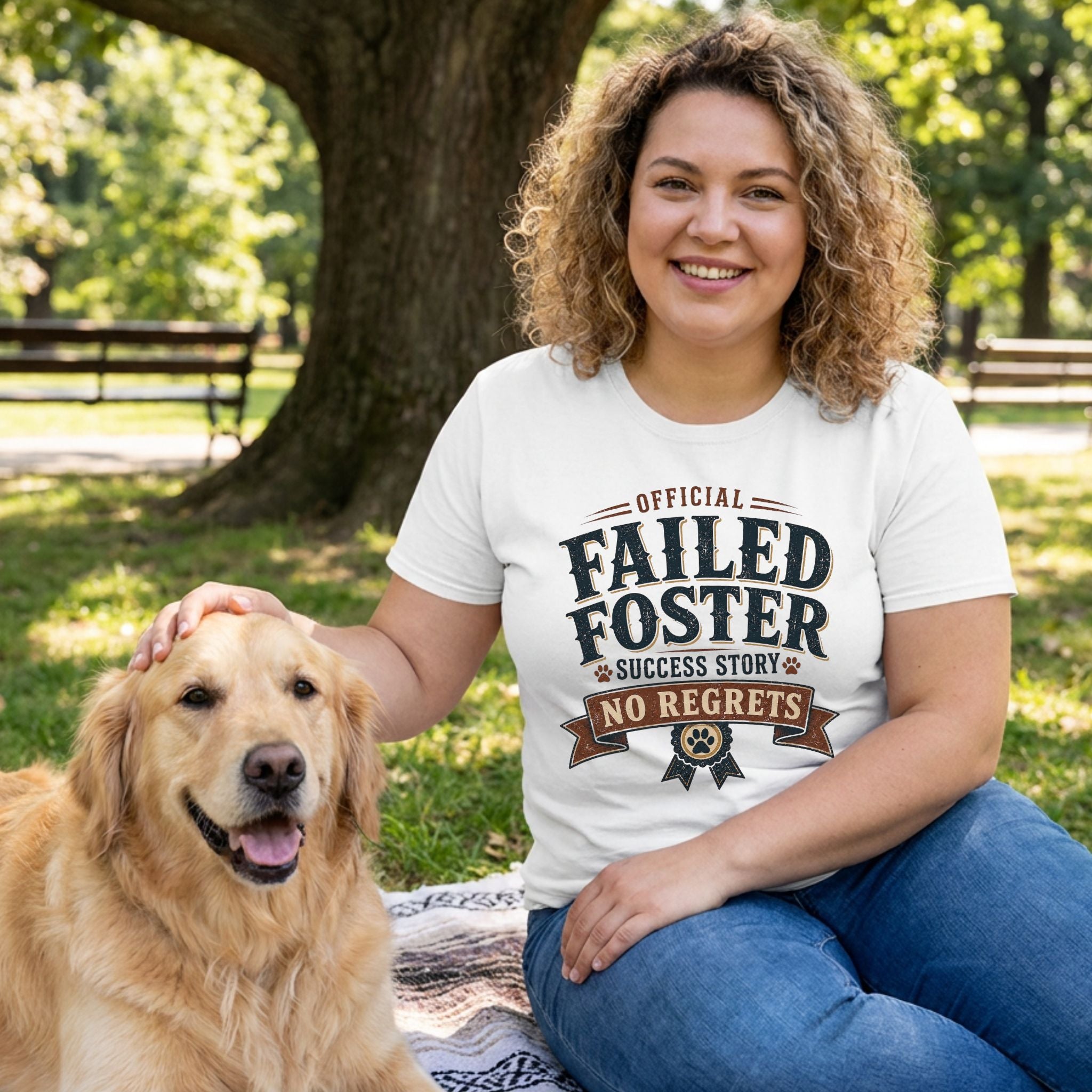 Woman sitting in the park with her golden retriever wearing a white shirt that reads "Official Failed Foster Success Story No Regrets" 