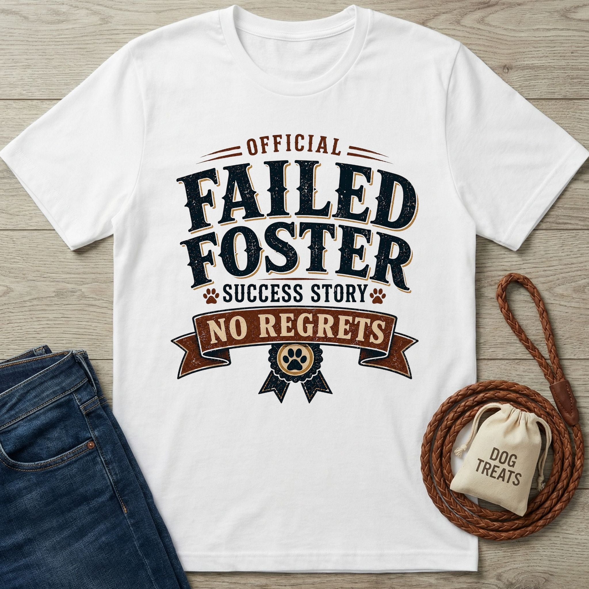 White "Official Failed Foster Success Story No Regrets" t-shirt with dog paw details, next to jeans and dog treats.