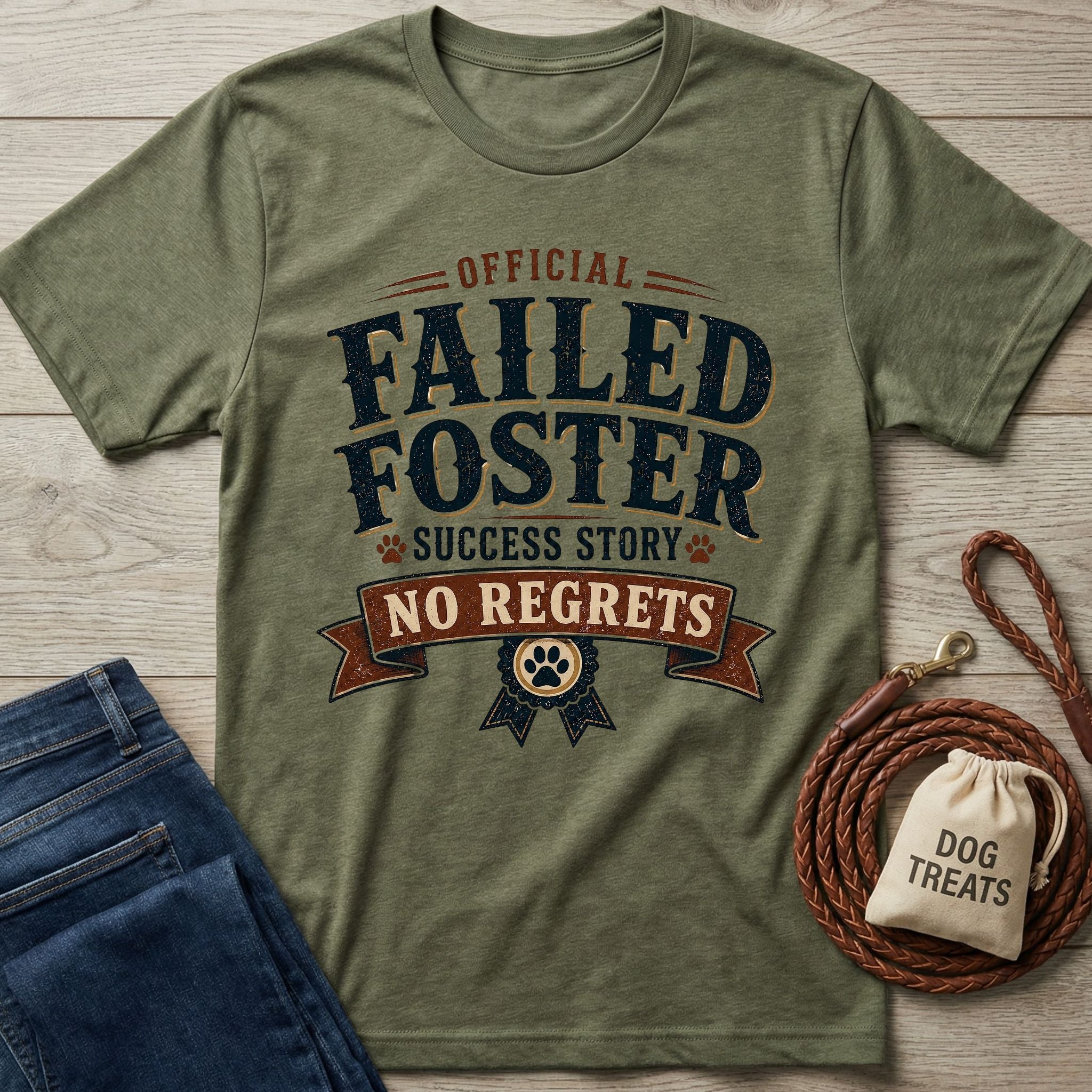 Olive green "Official Failed Foster Success Story No Regrets" t-shirt with distressed text, paw prints, and a ribbon design.