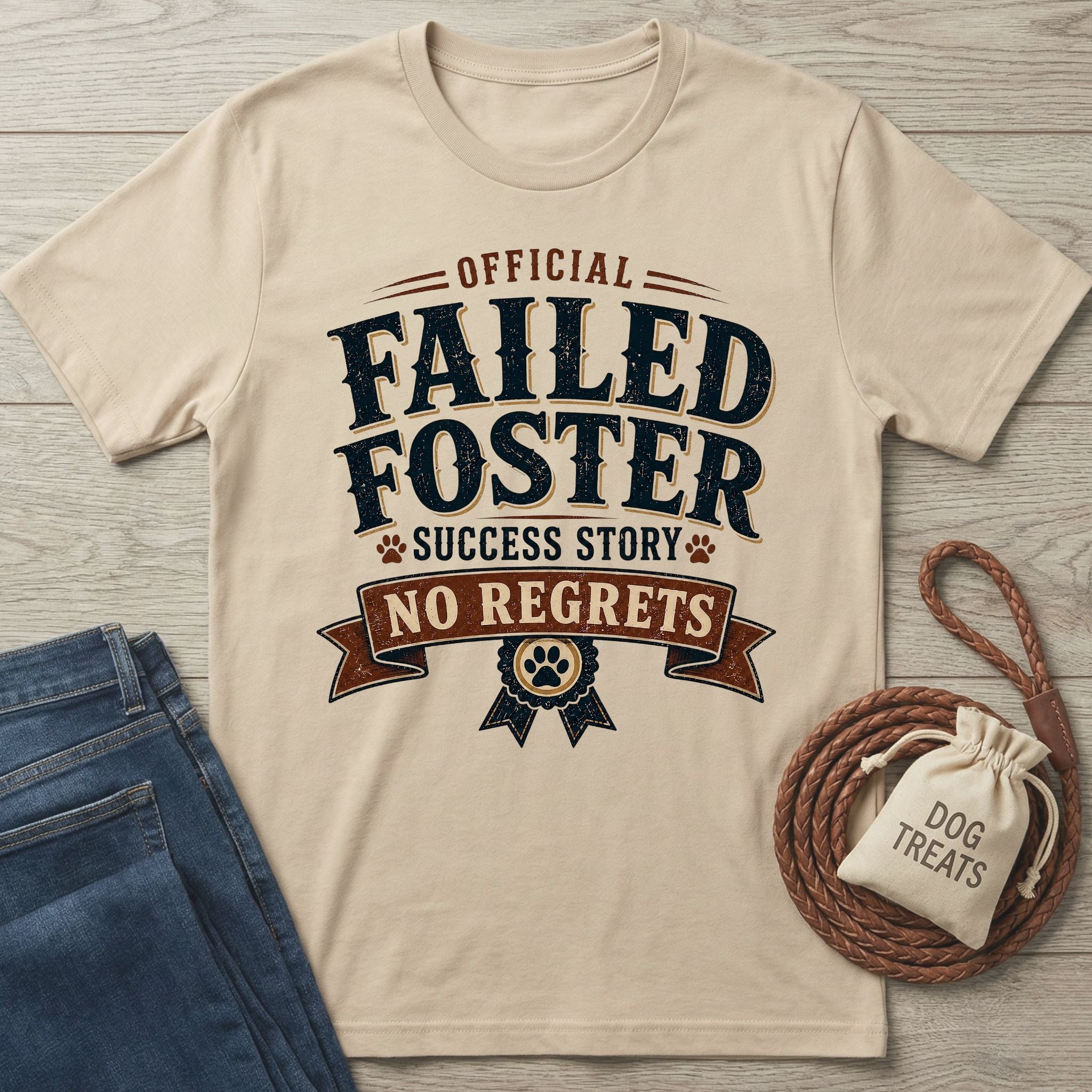 Beige "Official Failed Foster Success Story No Regrets" t-shirt with paw prints, next to jeans and dog treats.