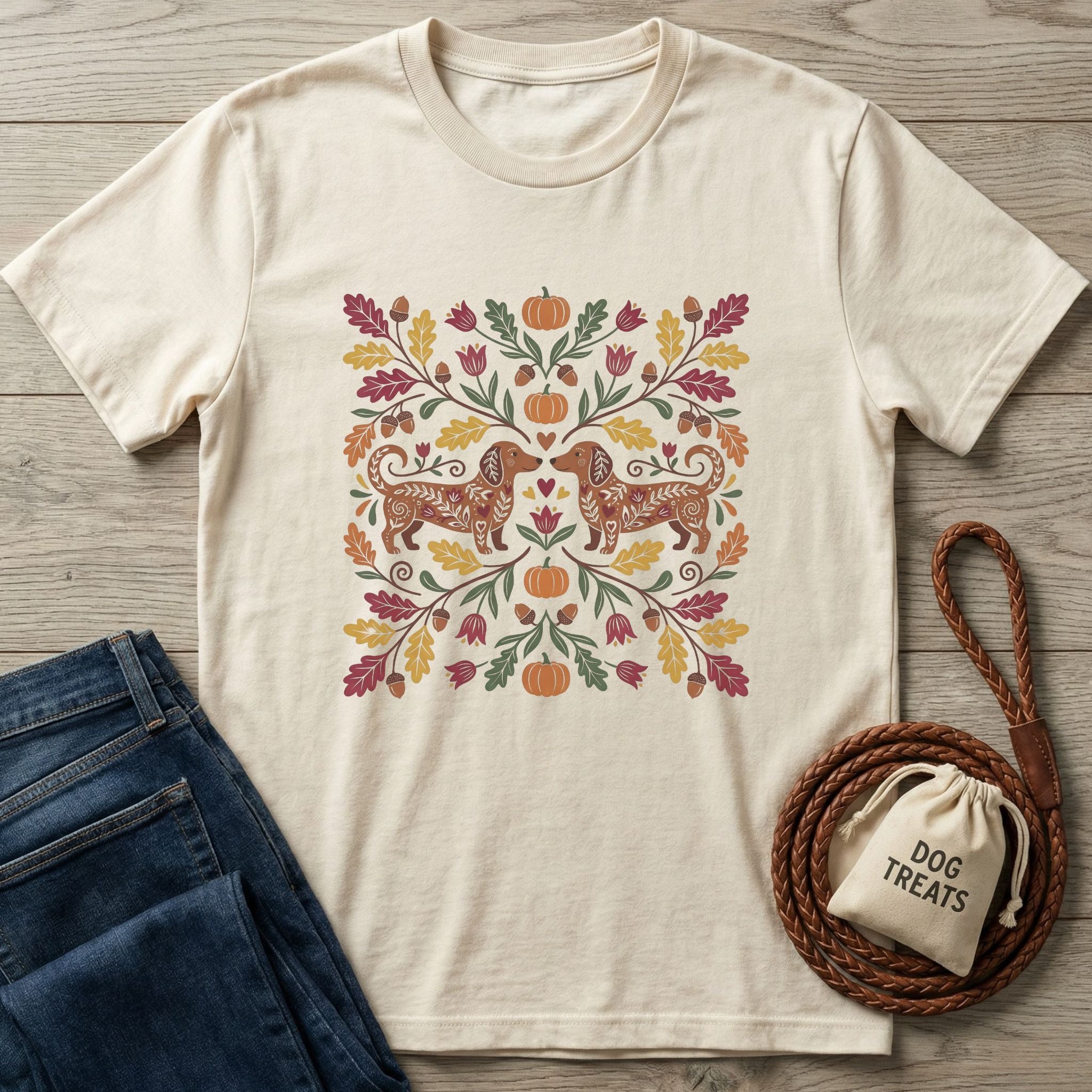 Cream Gildan Softstyle t-shirt with two dachshunds, pumpkins, and fall leaves, next to jeans and dog treats.